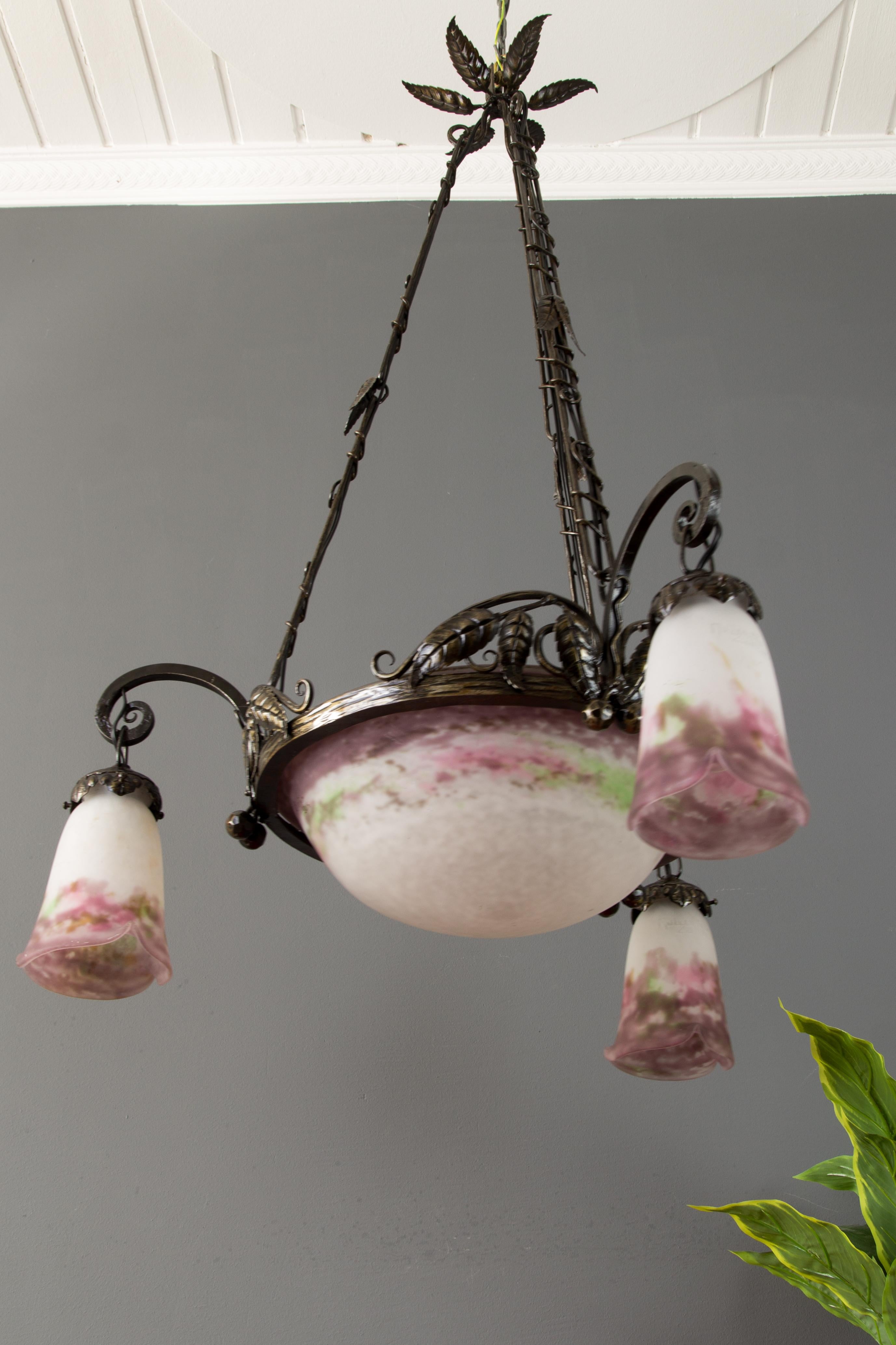 Early 20th Century French Art Nouveau Muller Frères Luneville Signed Six-Light Chandelier, 1920s