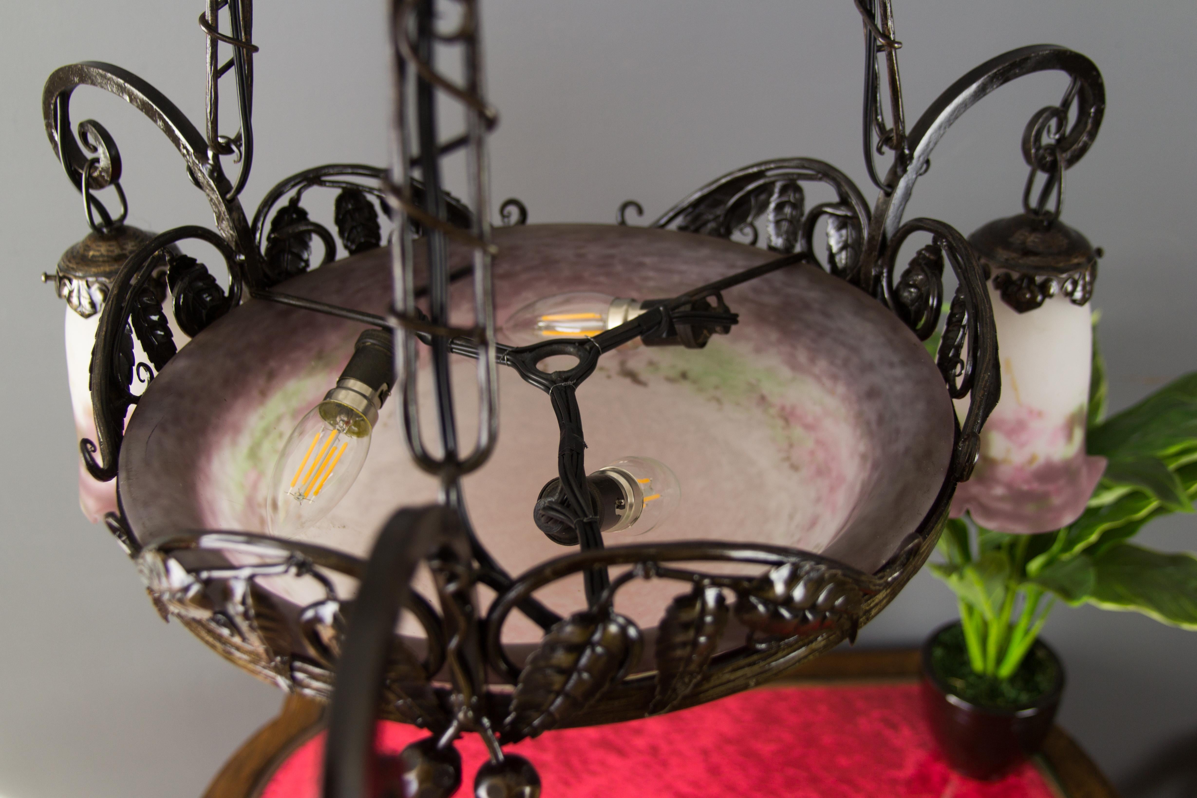 French Art Nouveau Muller Frères Luneville Signed Six-Light Chandelier, 1920s 2