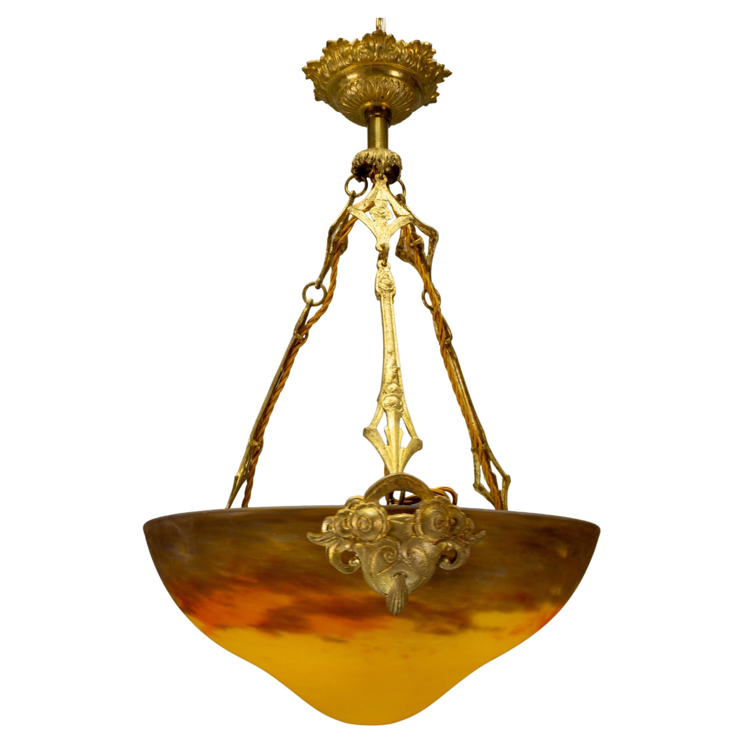 French Art Nouveau Muller Frères Pâte de Verre Glass and Bronze Pendant, ca 1920