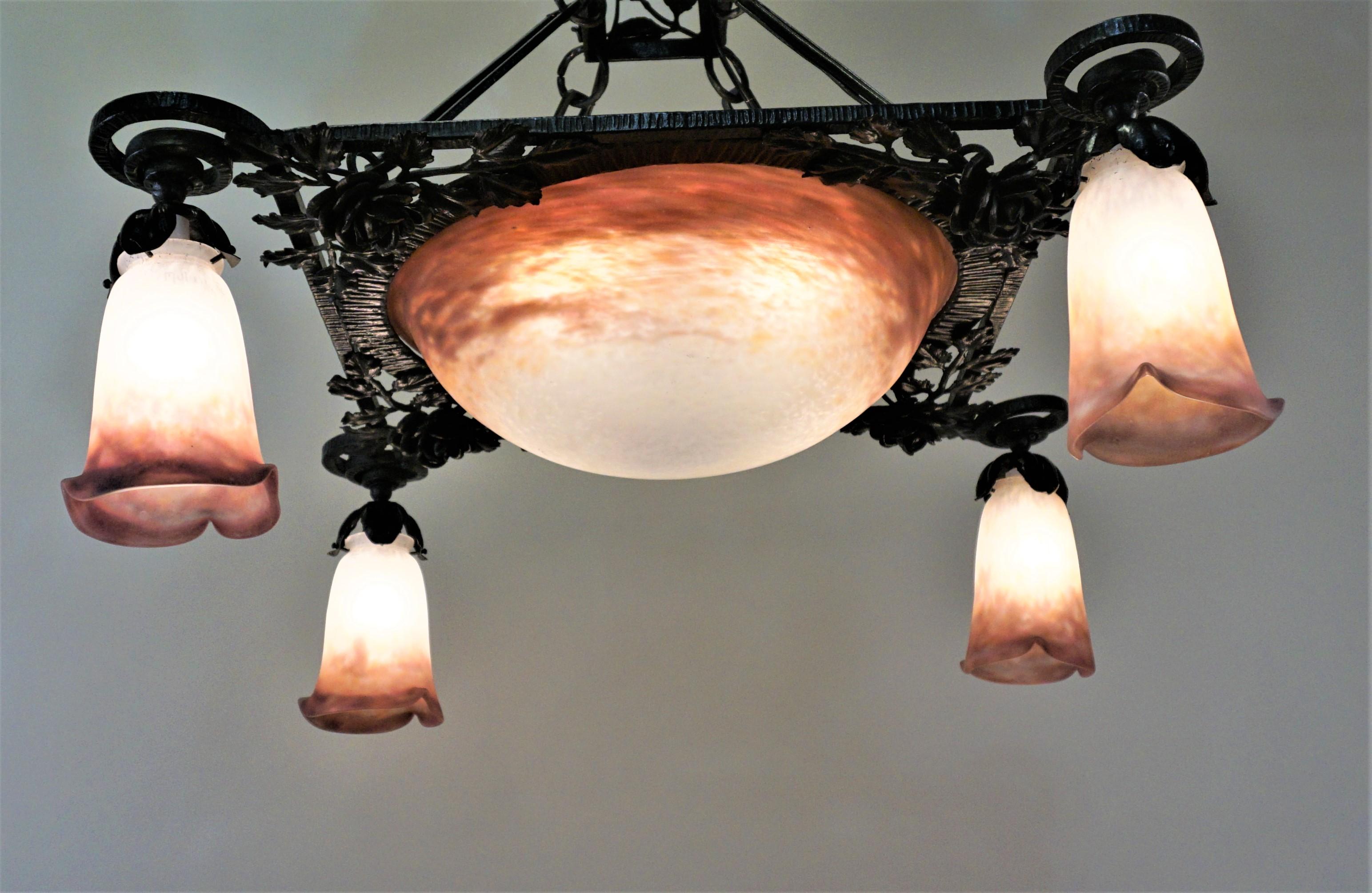 Art Nouveau hand blown glass and wrought iron chandelier by Muller Frères.