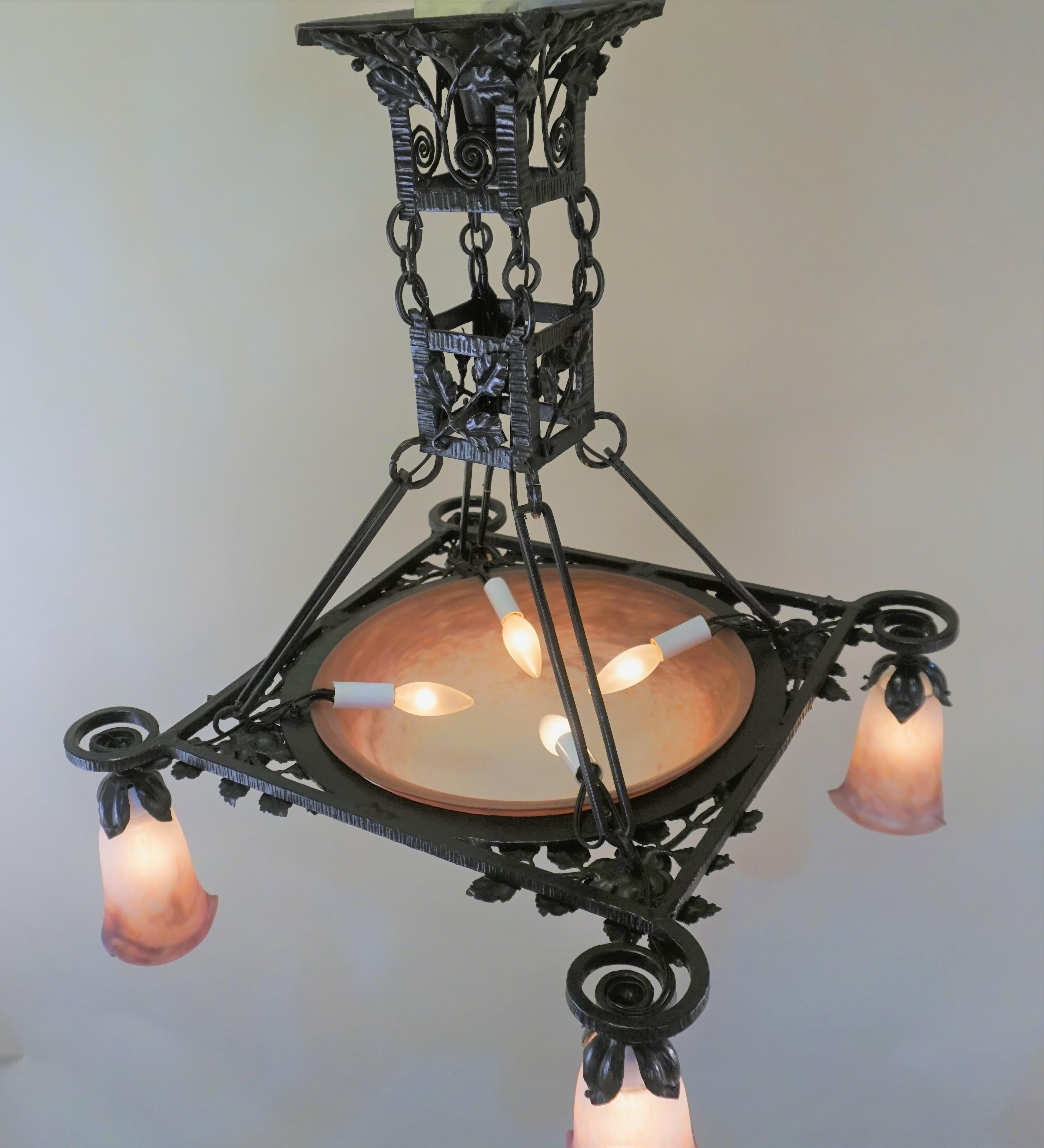 French Art Nouveau Muller Frères Wrought Iron Chandelier 1