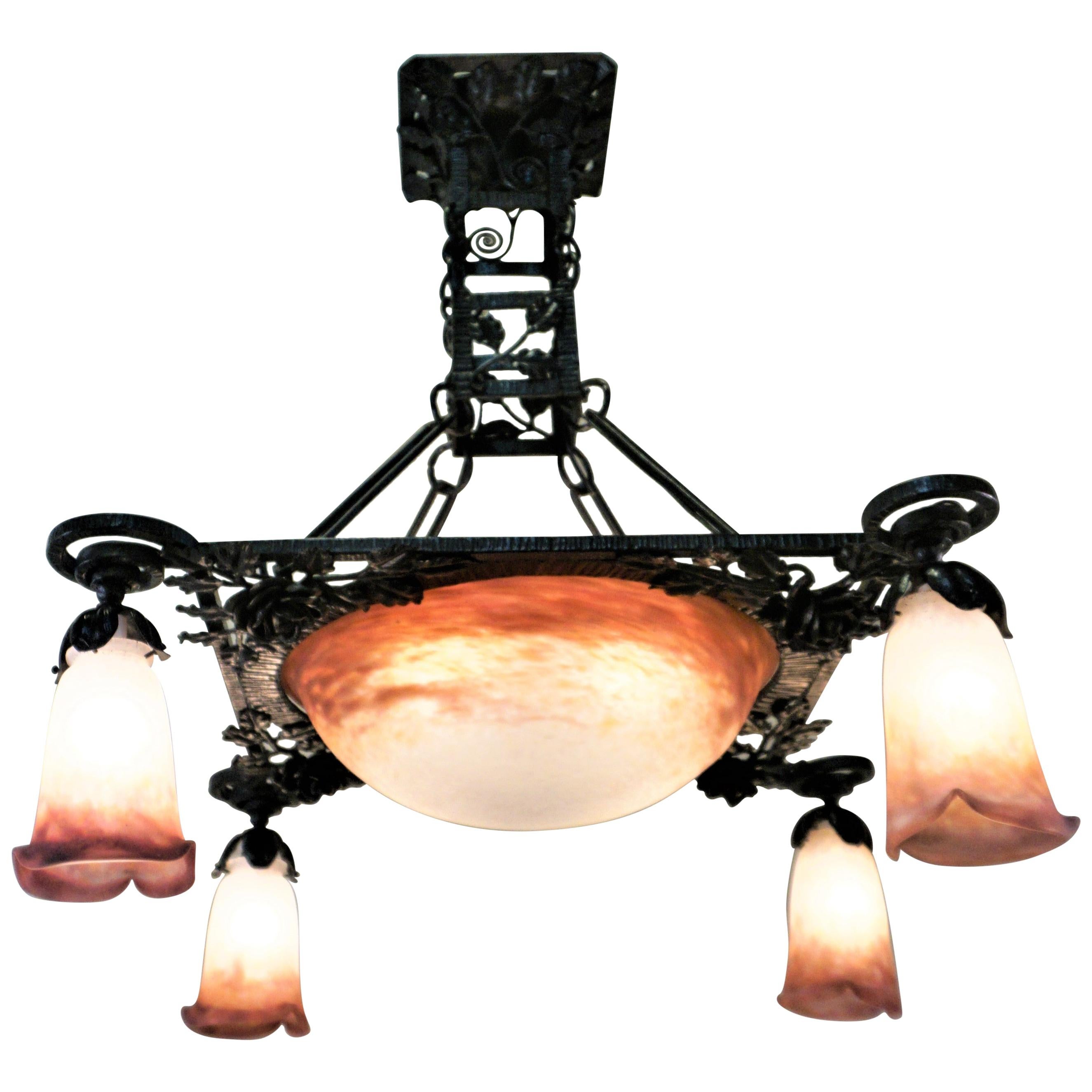 French Art Nouveau Muller Frères Wrought Iron Chandelier