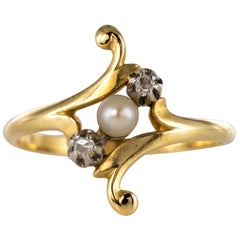 French Art Nouveau Natural Pearl Diamonds 18 Karat Yellow Gold Ring