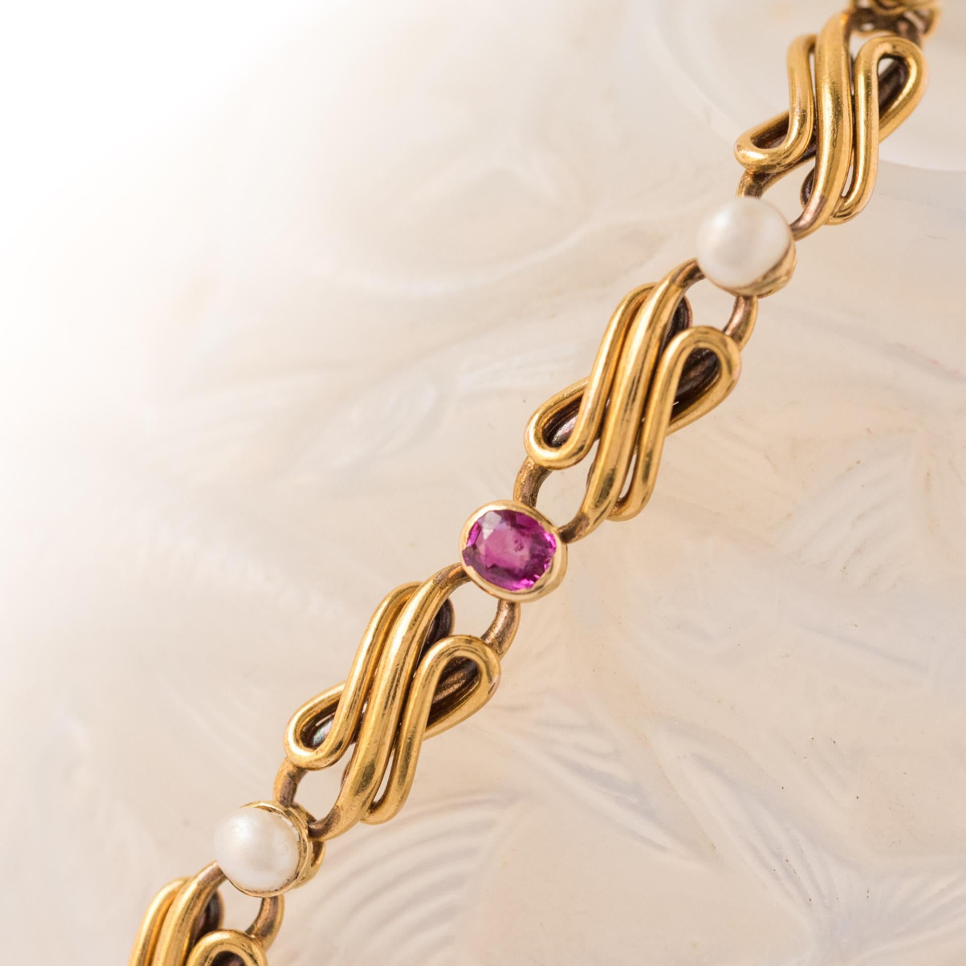 Women's French Art nouveau Natural Pearl Ruby Gold Row Link Bracelet