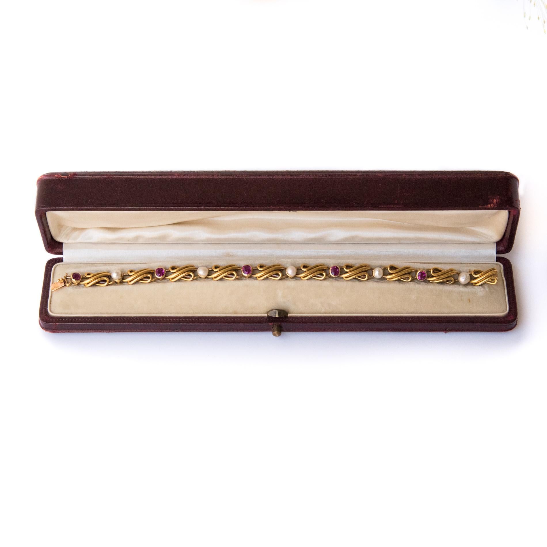 French Art nouveau Natural Pearl Ruby Gold Row Link Bracelet 1