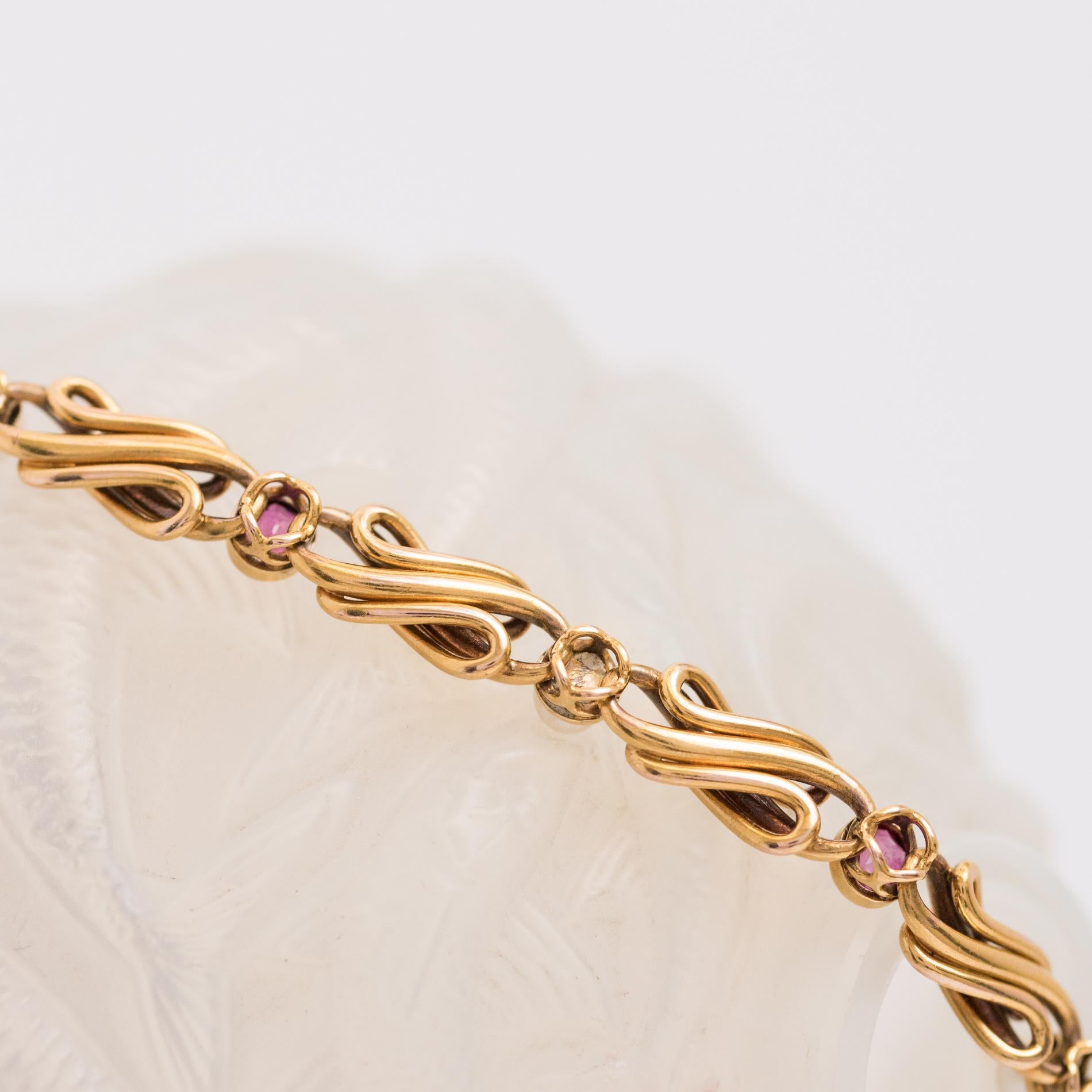 French Art nouveau Natural Pearl Ruby Gold Row Link Bracelet 3
