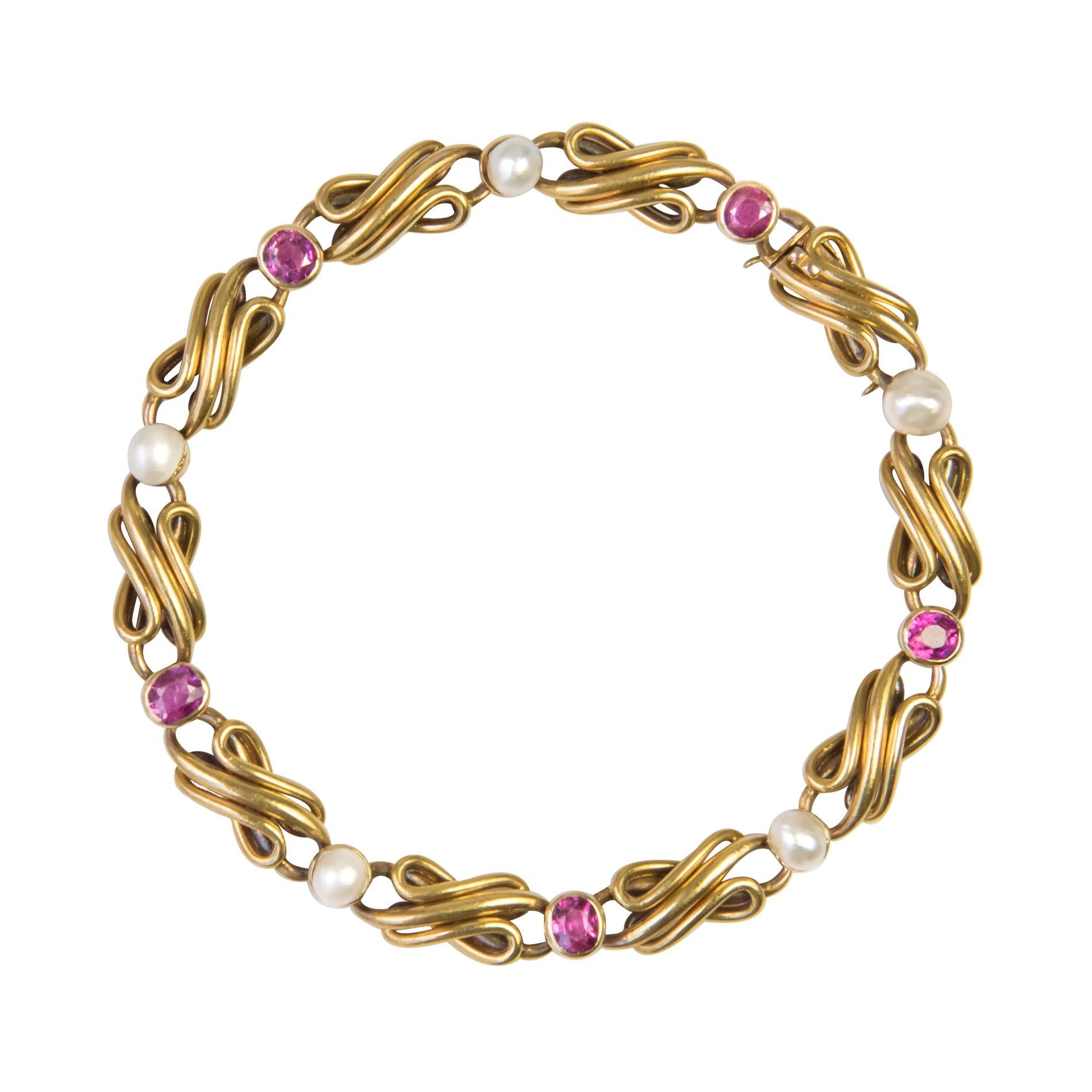 French Art nouveau Natural Pearl Ruby Gold Row Link Bracelet