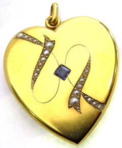 French Art Nouveau Natural Pearl Sapphire Large Gold Heart Locket Pendant Charm