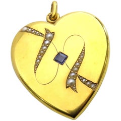 Antique French Art Nouveau Natural Pearl Sapphire Large Gold Heart Locket Pendant Charm