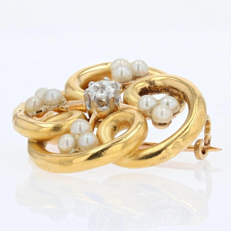 French Art Nouveau Natural Pearls Diamonds 18 Karat Yellow Gold Brooch For Sale 2
