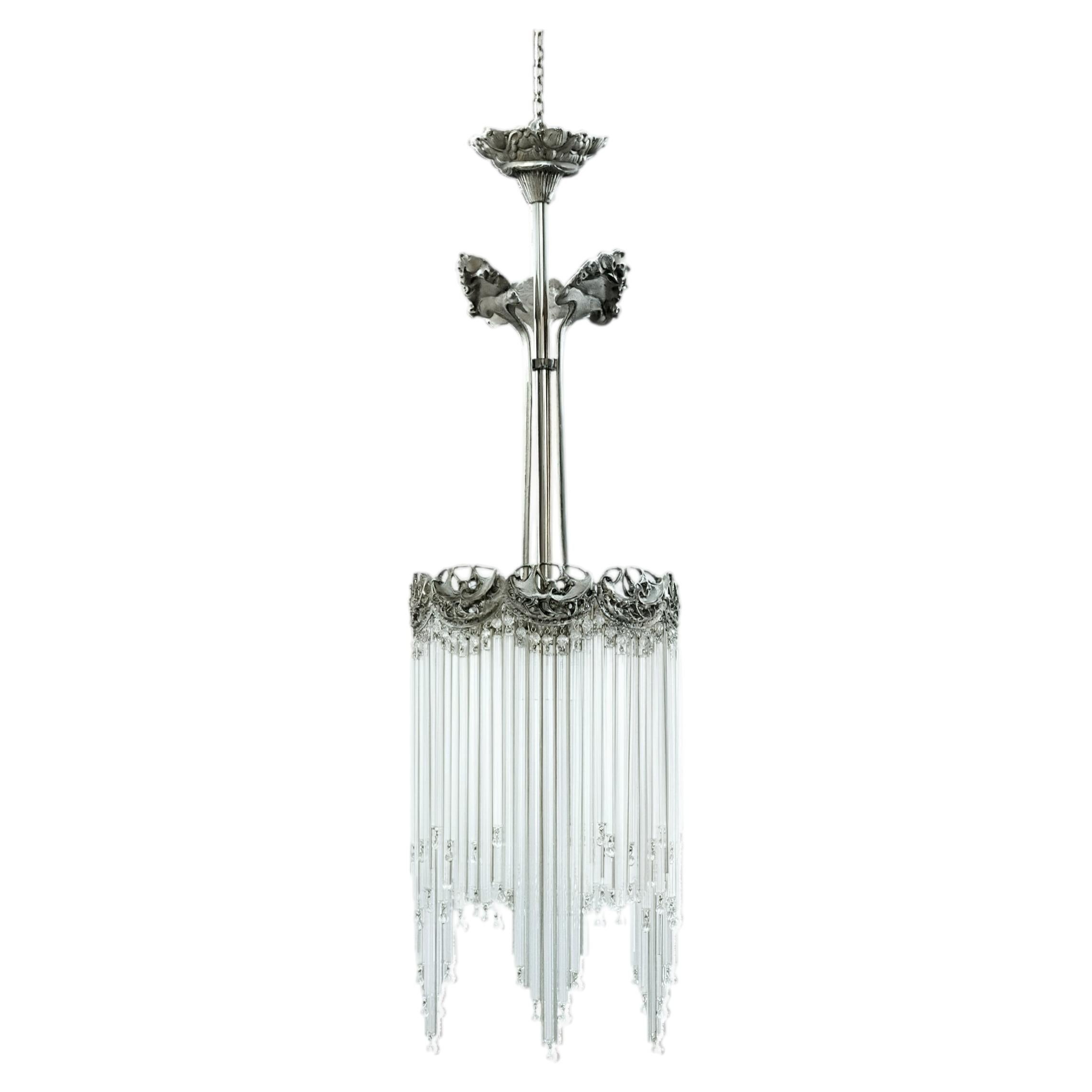 French Guimard Art Nouveau Bronze and Glass pipe Chandelier, with Nickel finish