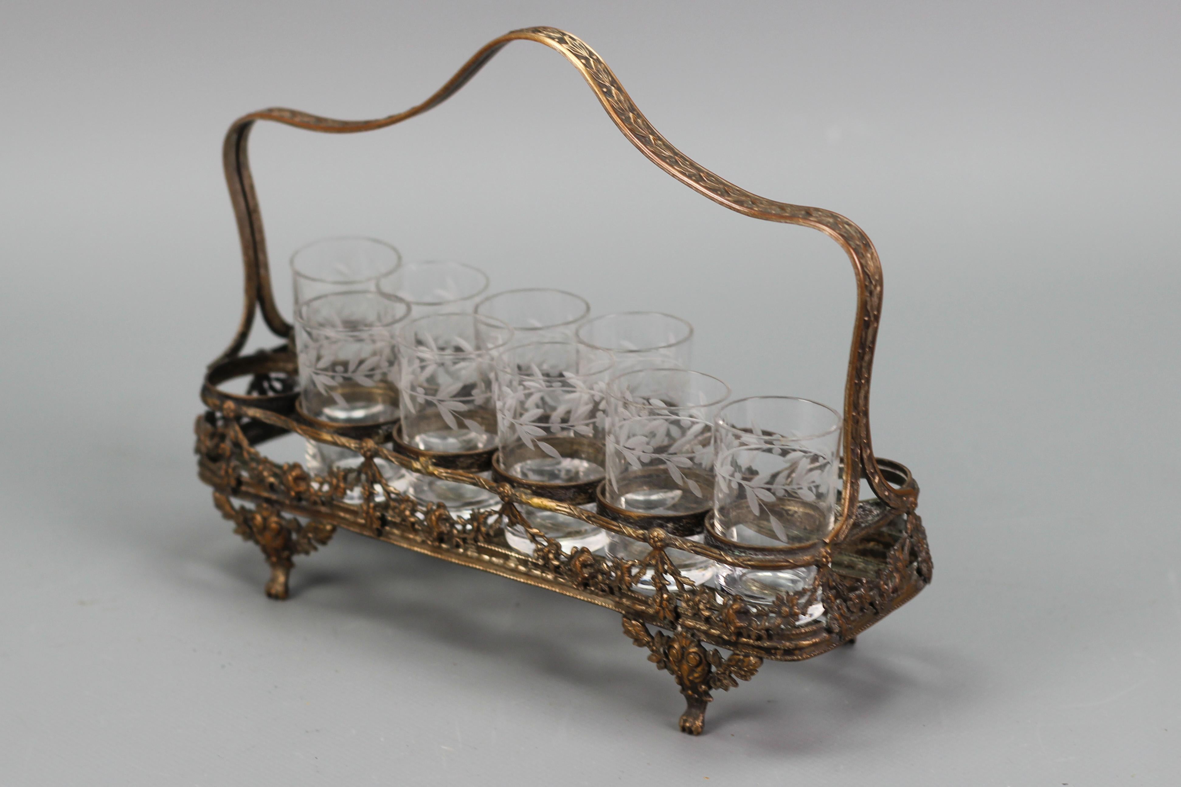 French Art Nouveau Nine Glasses and Brass Basket Serving Set, ca. 1920 For Sale 6