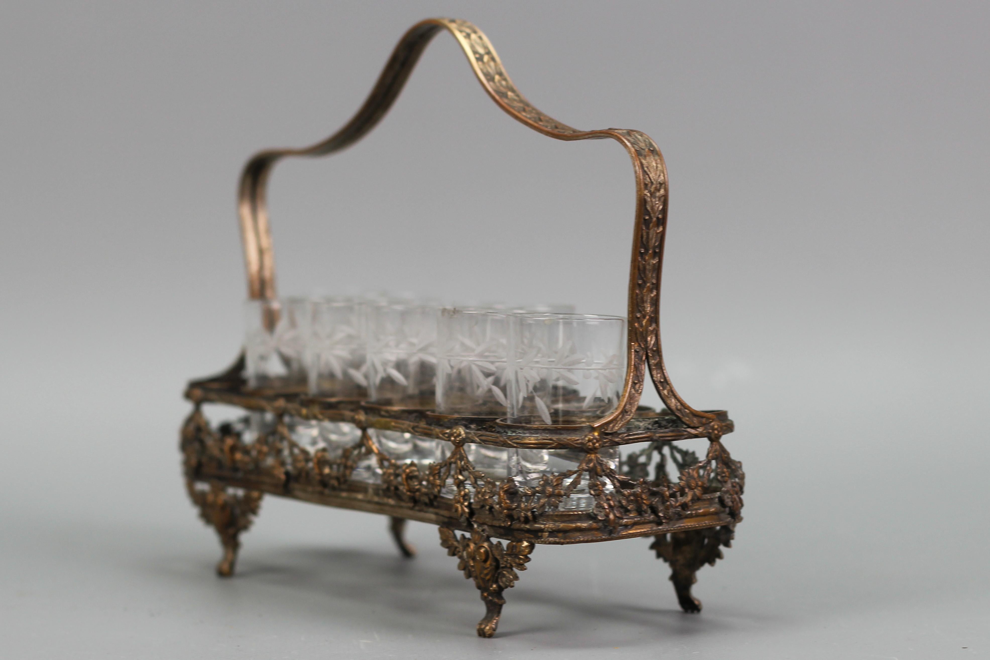 French Art Nouveau Nine Glasses and Brass Basket Serving Set, ca. 1920 For Sale 8
