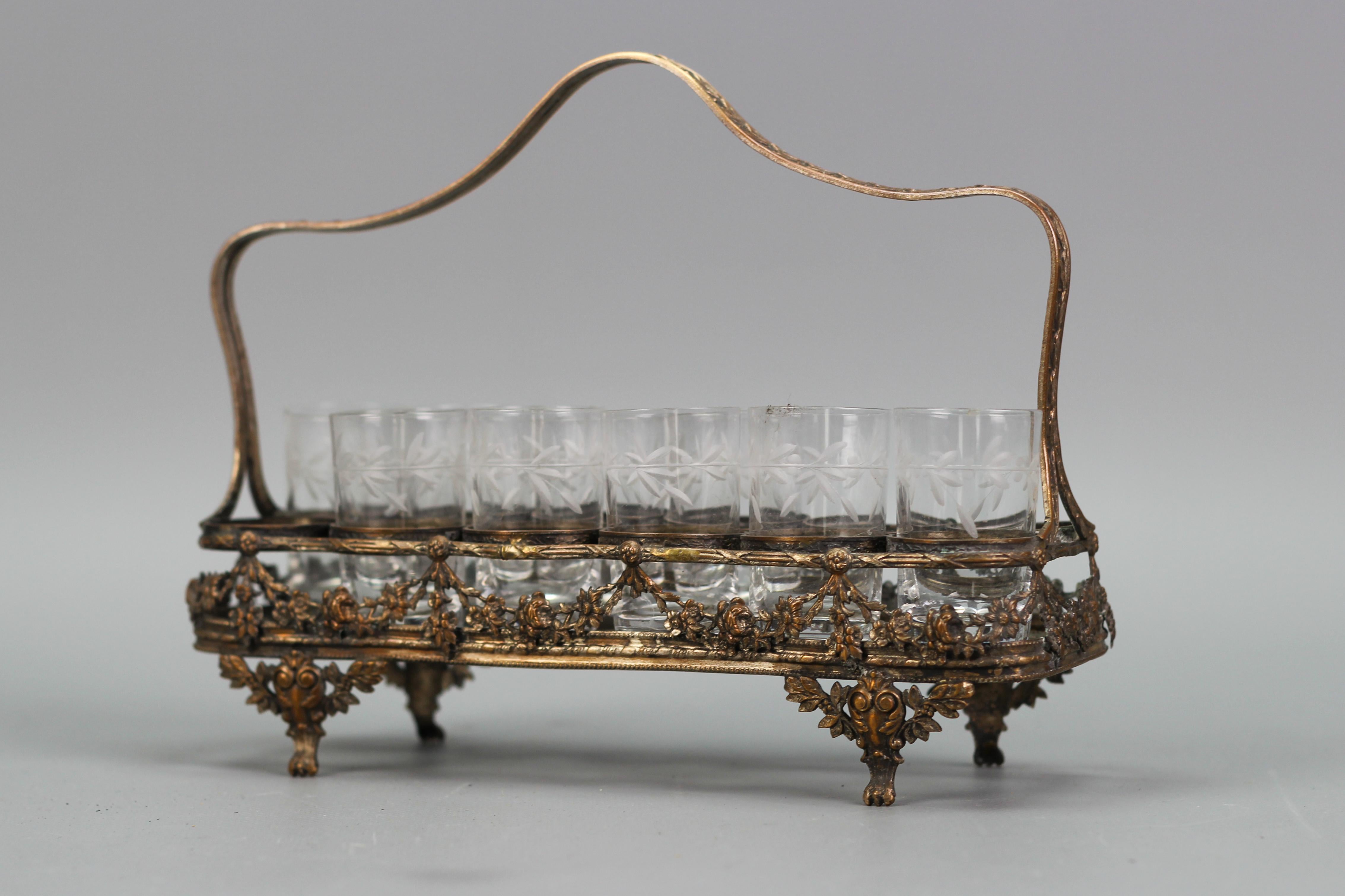 French Art Nouveau Nine Glasses and Brass Basket Serving Set, ca. 1920 For Sale 9