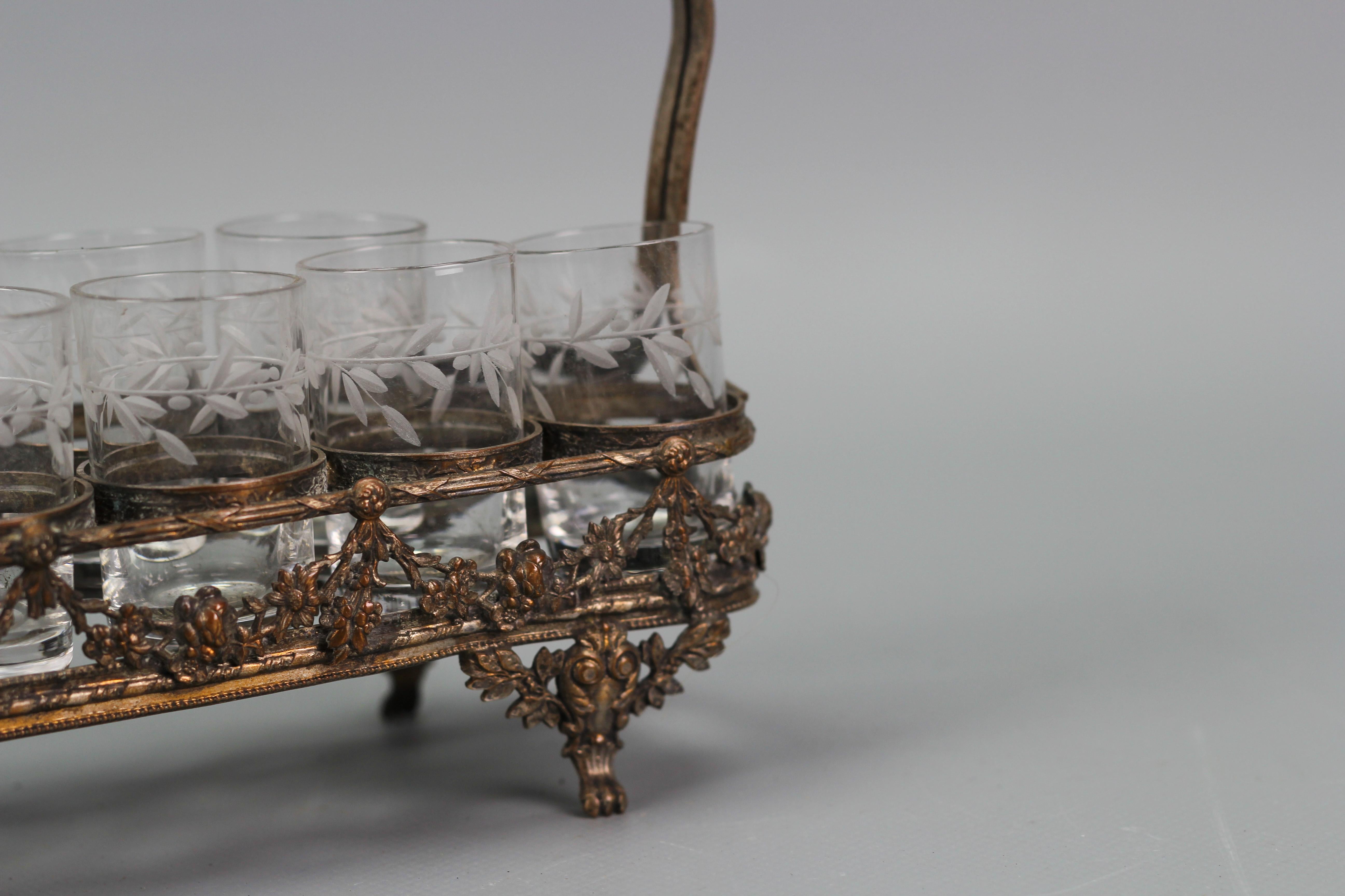 Early 20th Century French Art Nouveau Nine Glasses and Brass Basket Serving Set, ca. 1920 For Sale