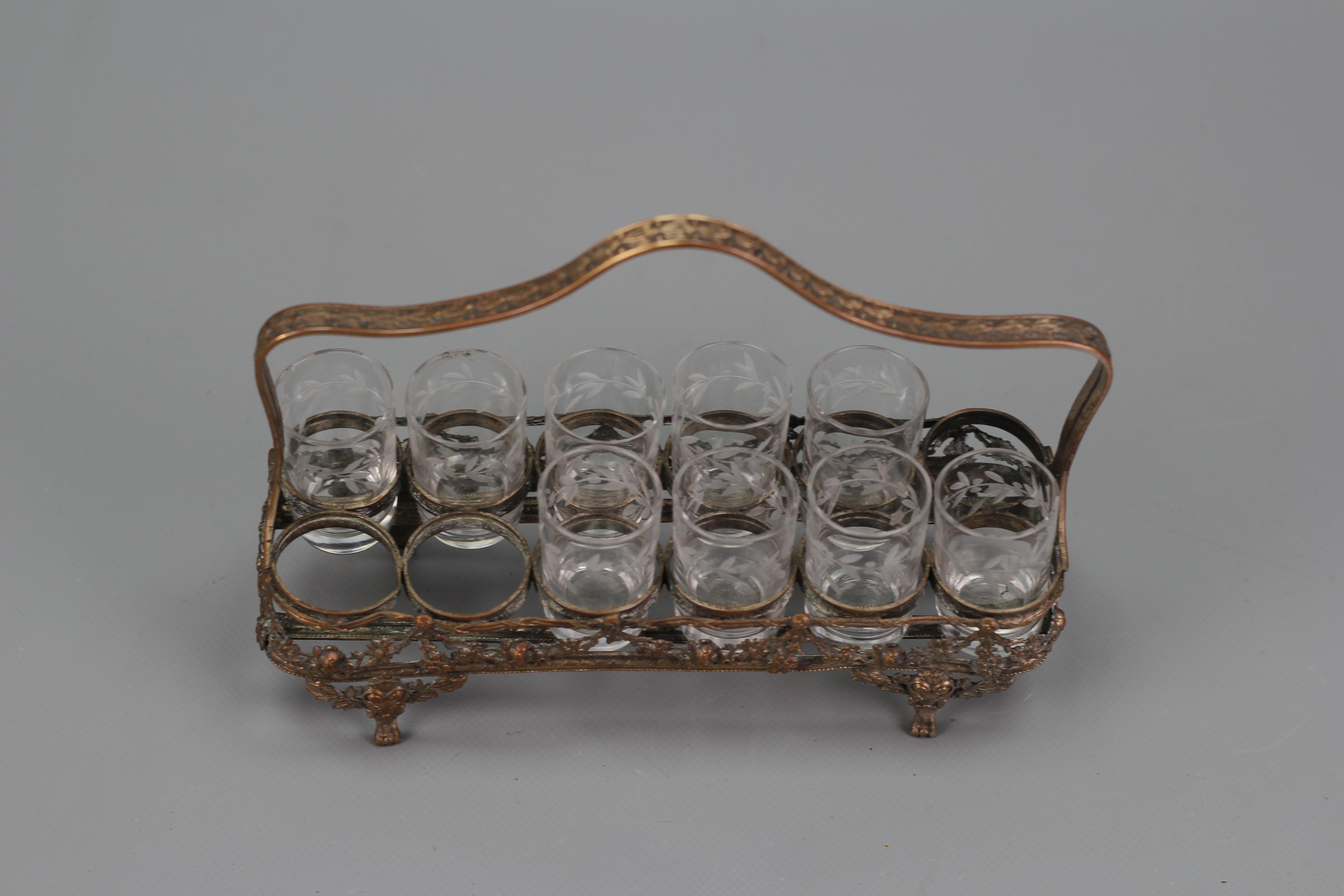 French Art Nouveau Nine Glasses and Brass Basket Serving Set, ca. 1920 For Sale 2