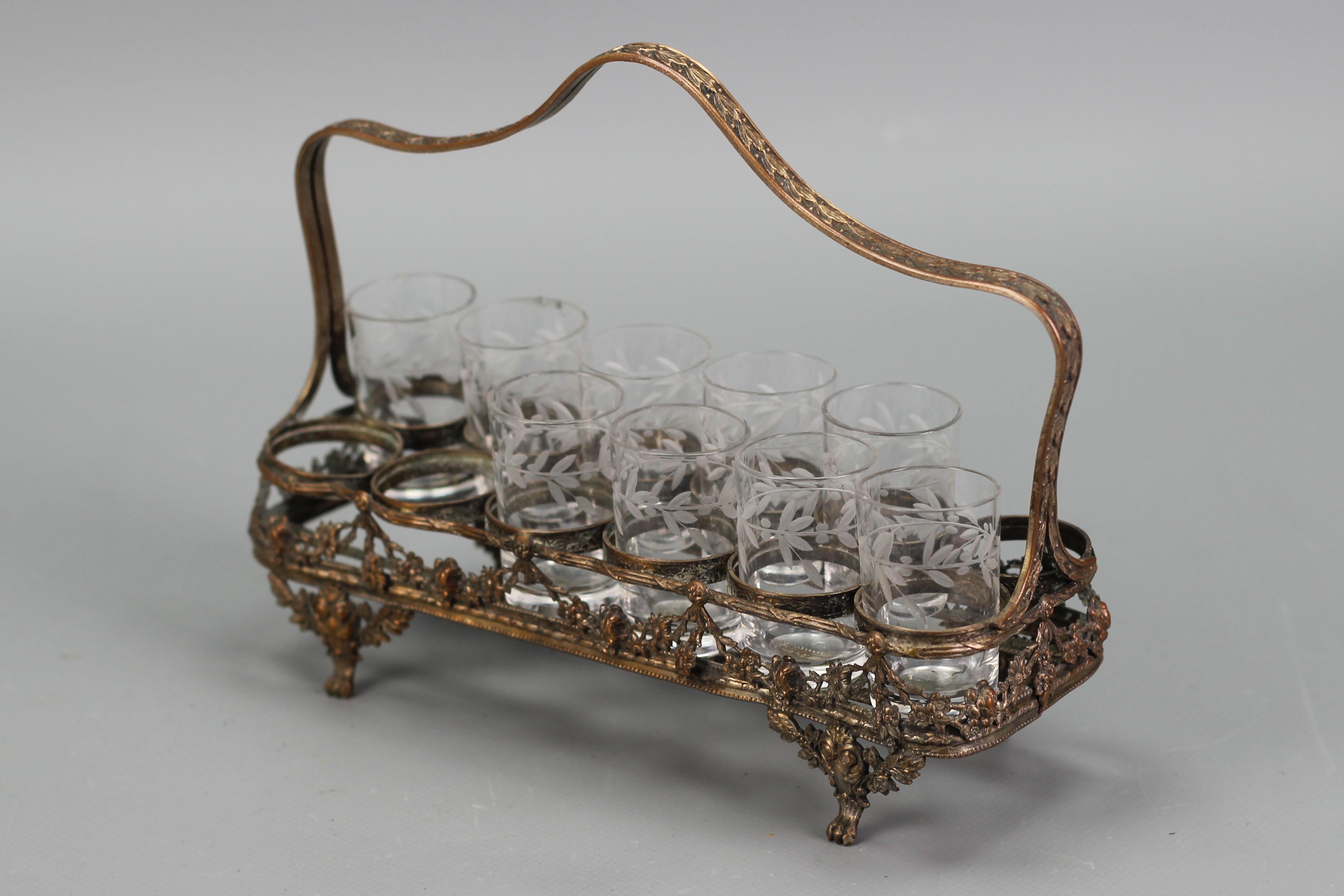 French Art Nouveau Nine Glasses and Brass Basket Serving Set, ca. 1920 For Sale 3