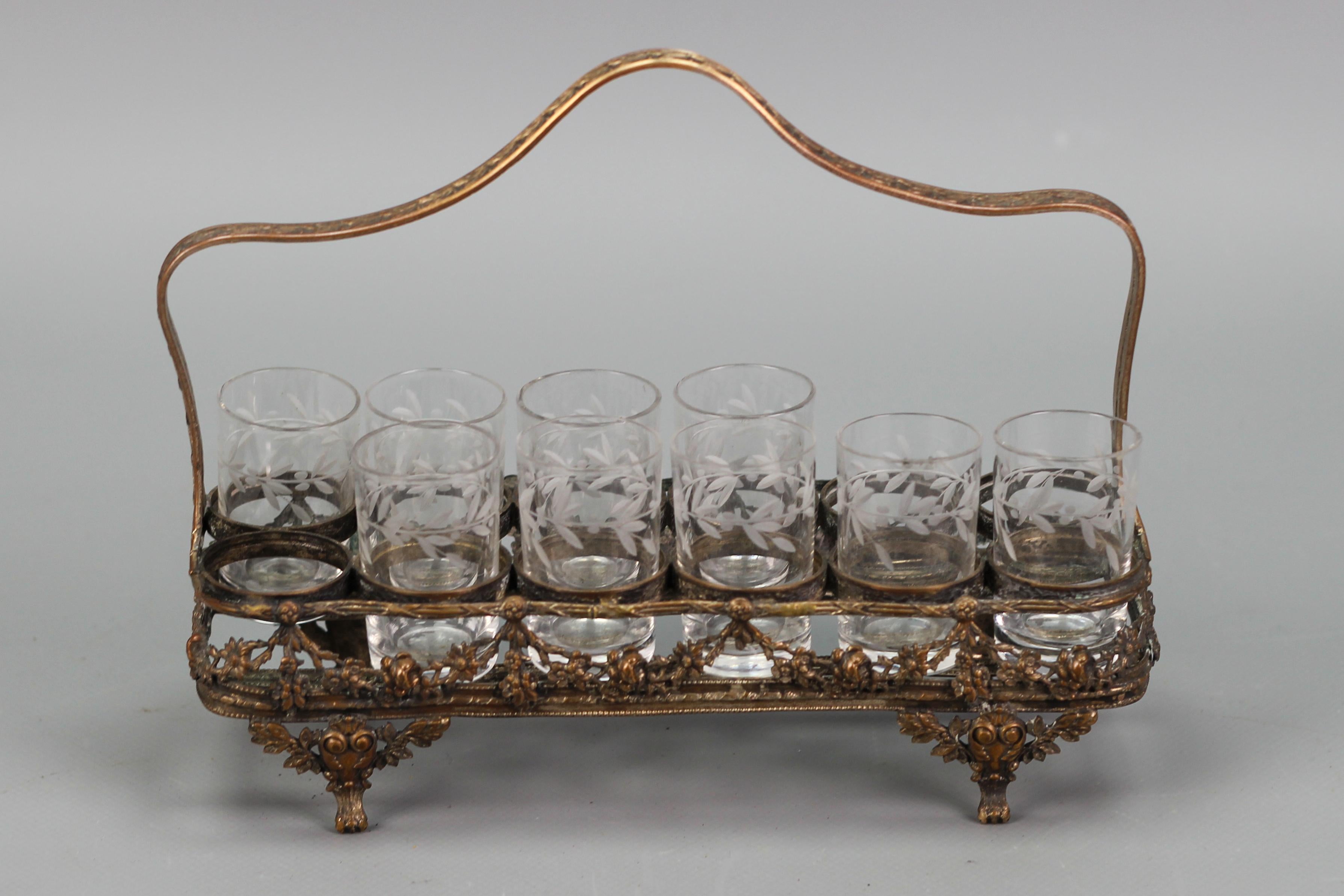 French Art Nouveau Nine Glasses and Brass Basket Serving Set, ca. 1920 For Sale 5