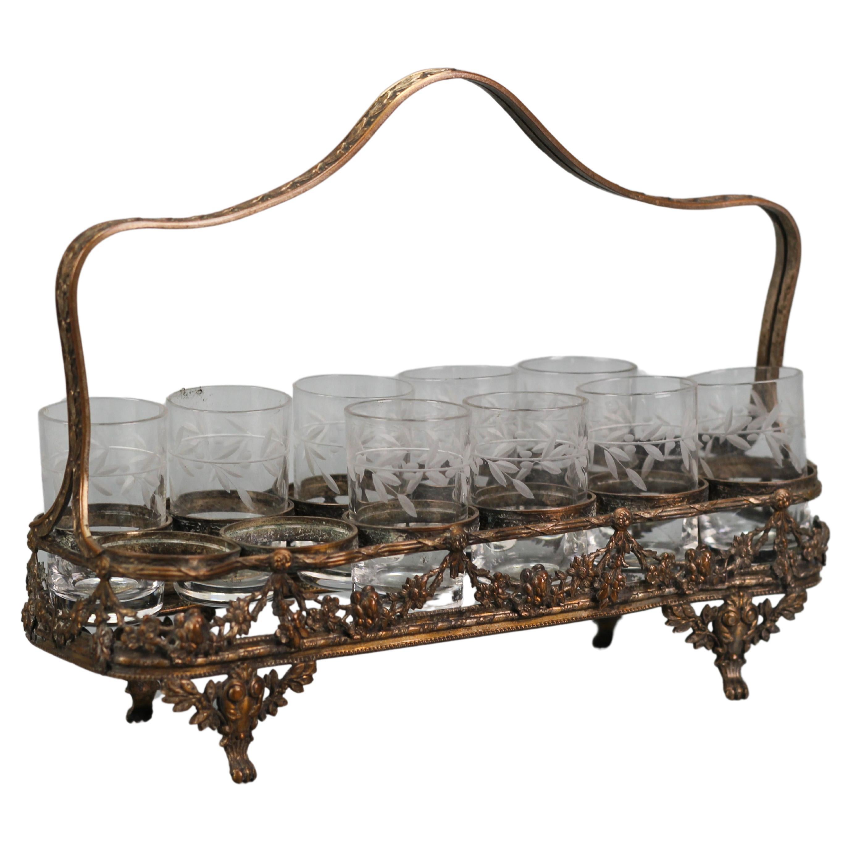French Art Nouveau Nine Glasses and Brass Basket Serving Set, ca. 1920 For Sale