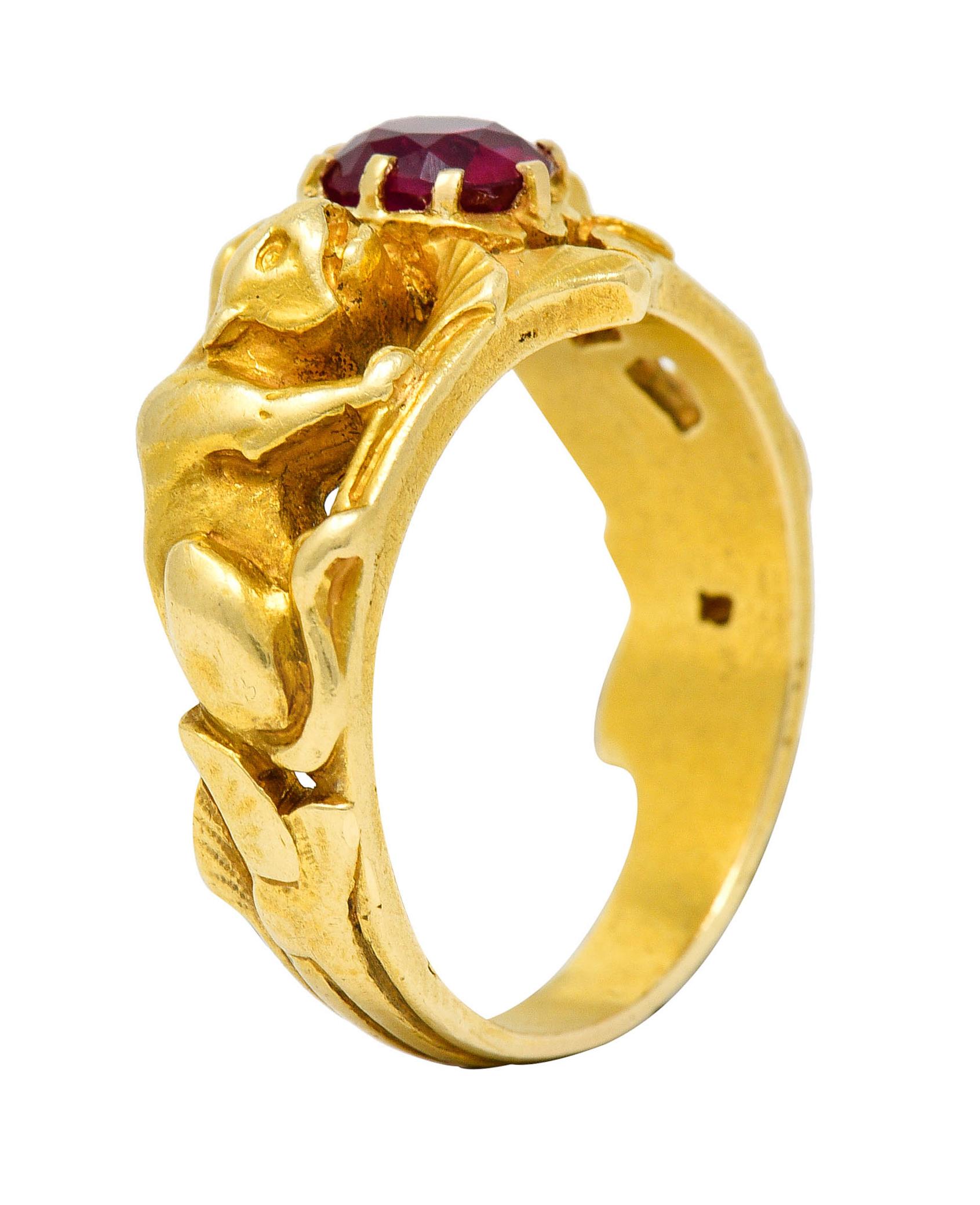 Französischer Jugendstil No Heat Burma Rubin 18 Karat Gold Jaguar Band Ring AGL 4
