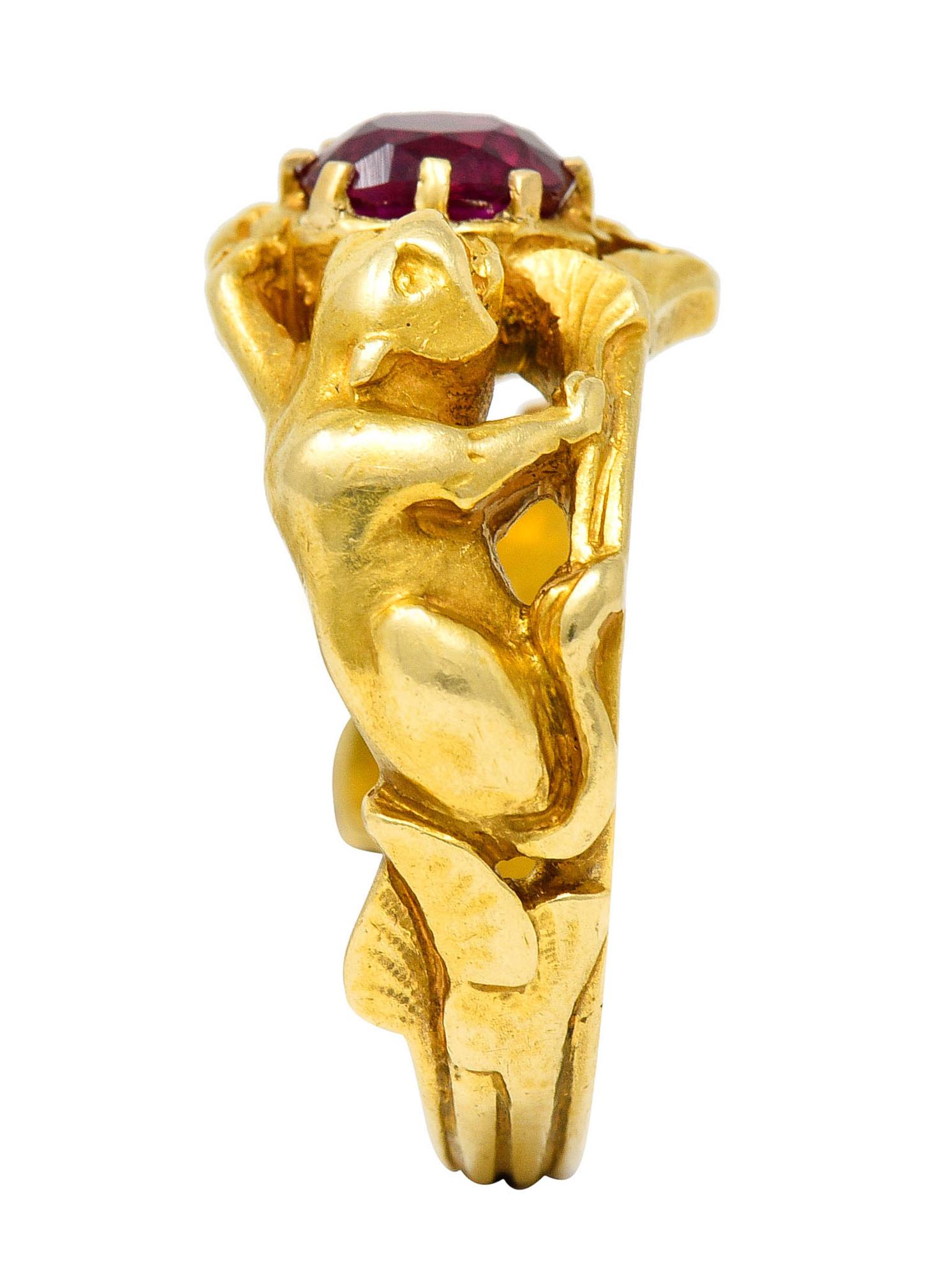 Französischer Jugendstil No Heat Burma Rubin 18 Karat Gold Jaguar Band Ring AGL 5