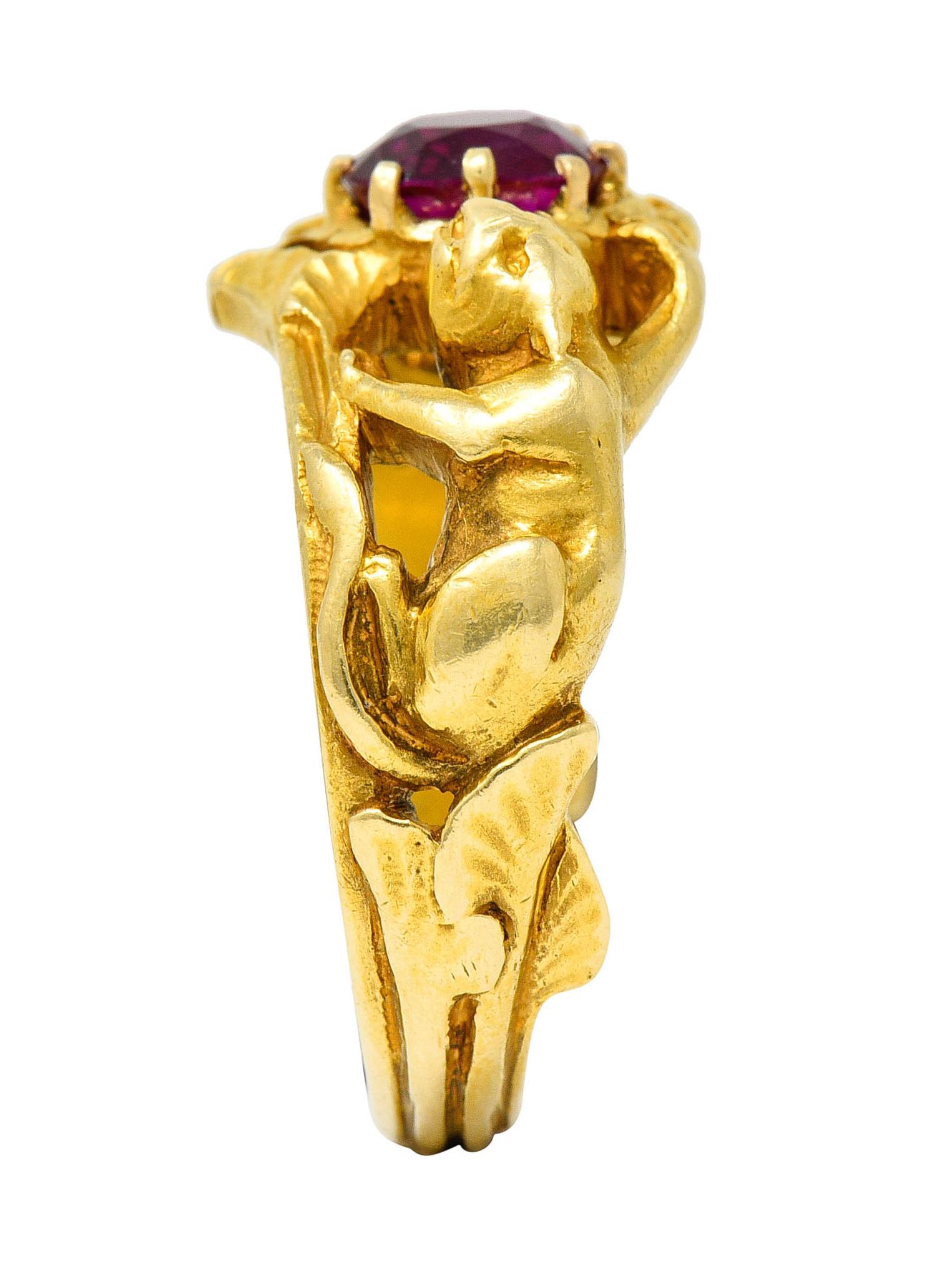 Französischer Jugendstil No Heat Burma Rubin 18 Karat Gold Jaguar Band Ring AGL 6
