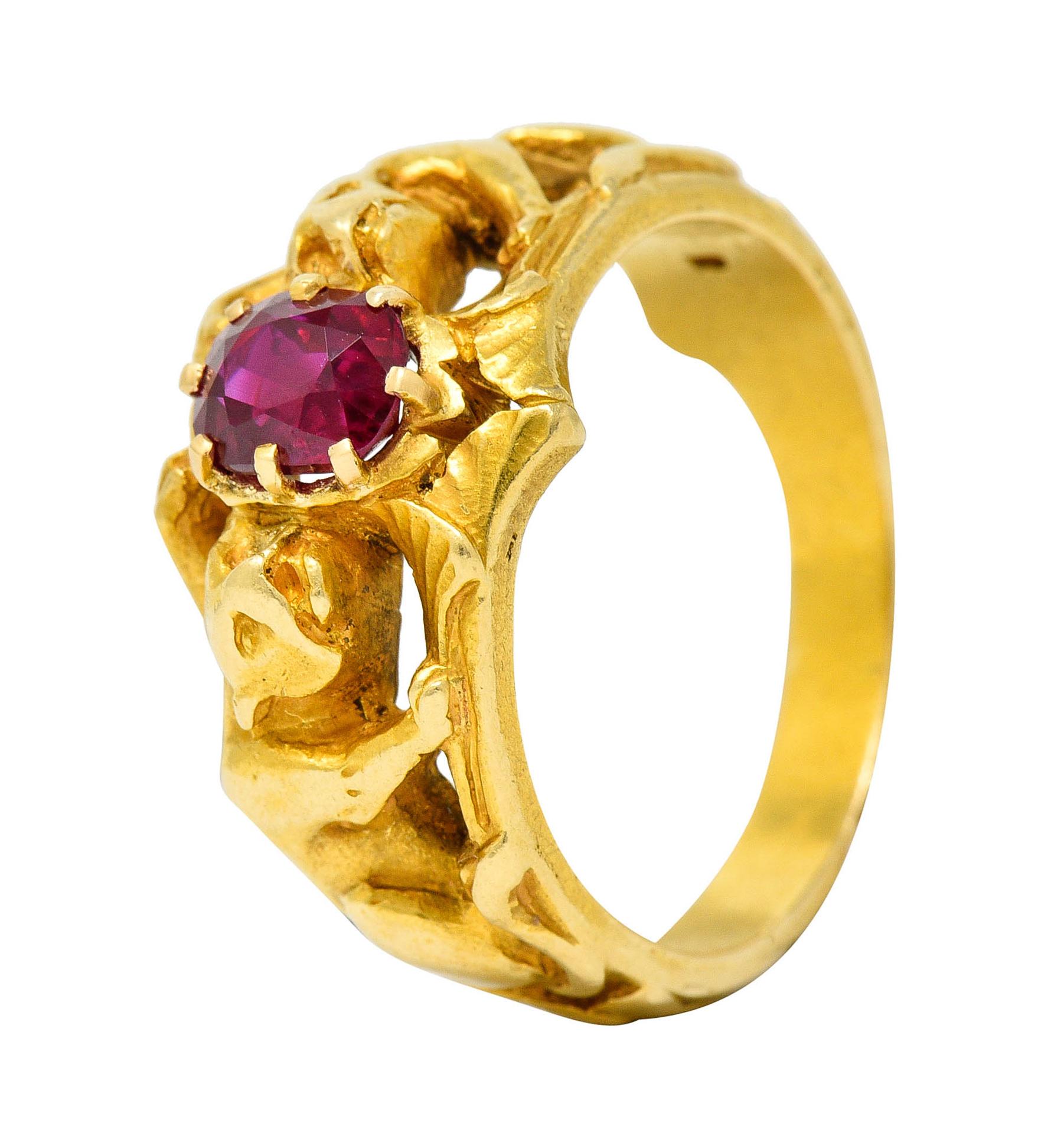 Französischer Jugendstil No Heat Burma Rubin 18 Karat Gold Jaguar Band Ring AGL 7