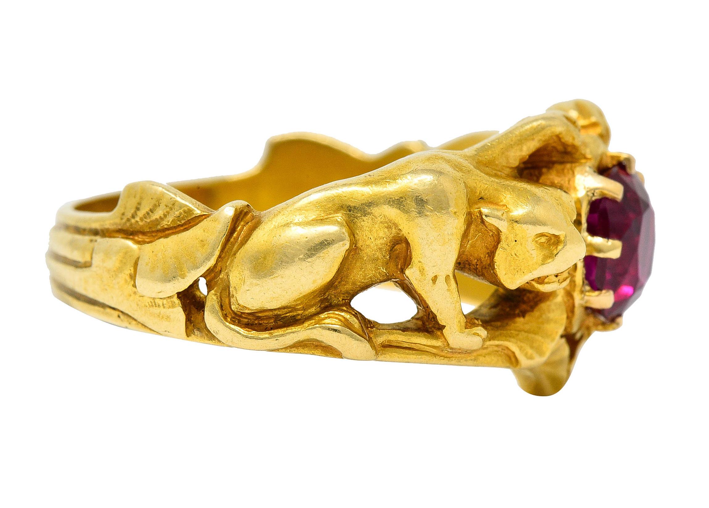 Französischer Jugendstil No Heat Burma Rubin 18 Karat Gold Jaguar Band Ring AGL (Art nouveau)