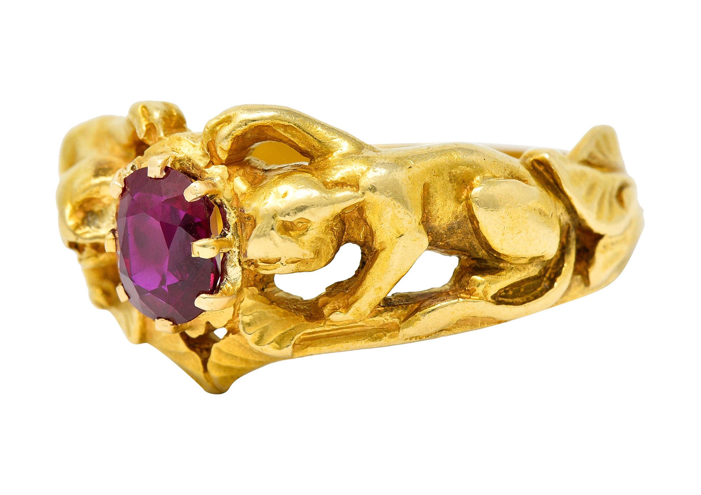 Französischer Jugendstil No Heat Burma Rubin 18 Karat Gold Jaguar Band Ring AGL für Damen oder Herren