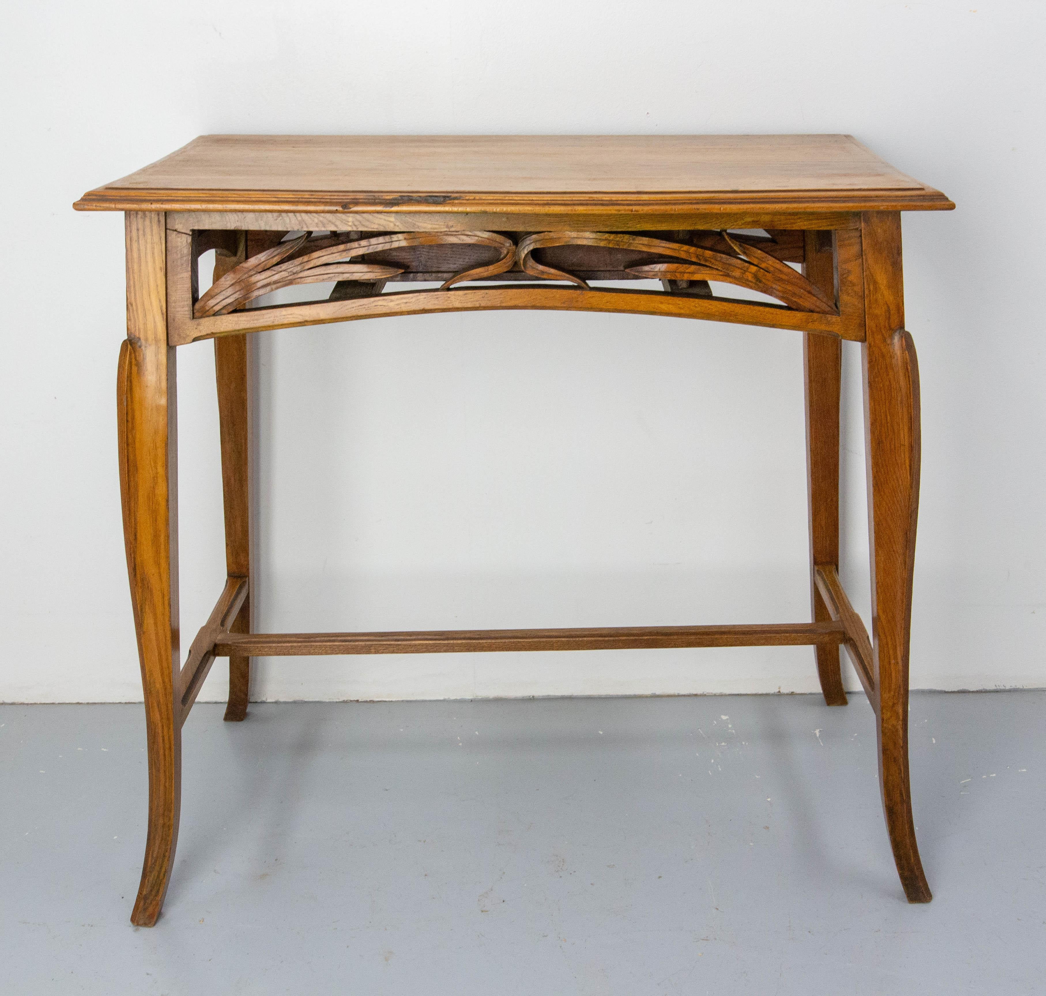 Metal French Art Nouveau Oak Side Table Writing Table Vegetal Ornementation, c 1900 For Sale