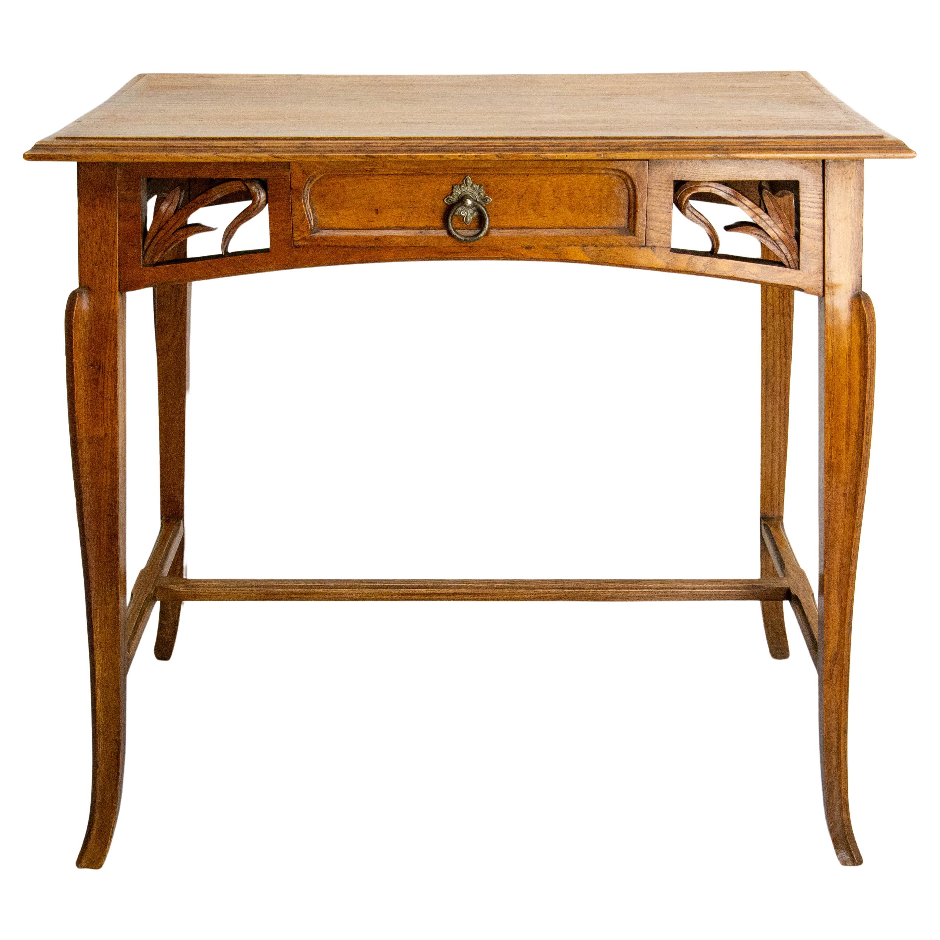 French Art Nouveau Oak Side Table Writing Table Vegetal Ornementation, c 1900 For Sale