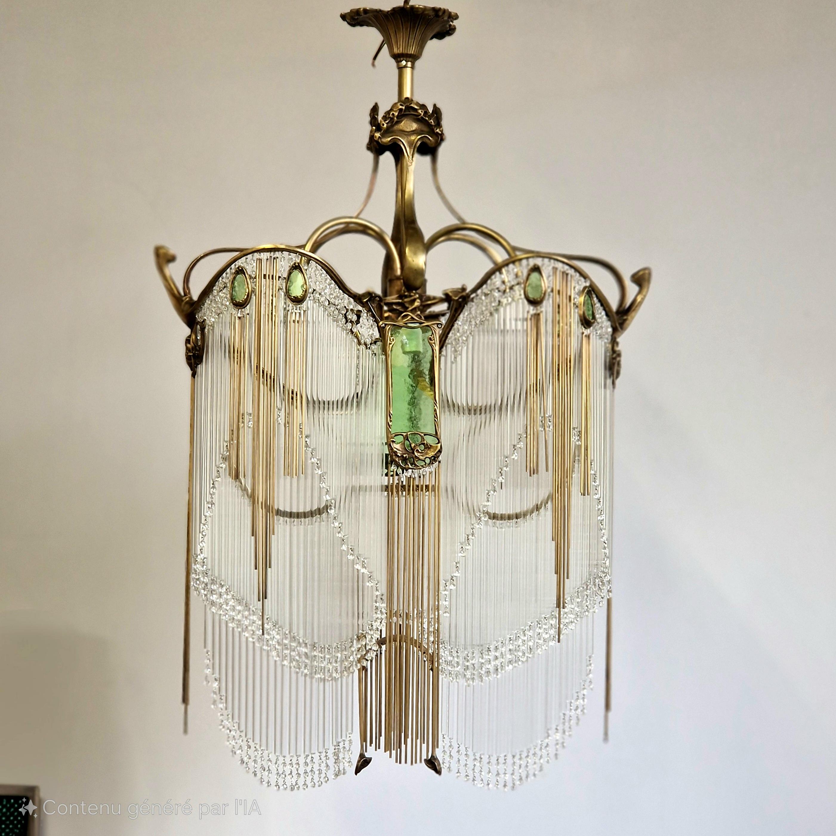 Immergiti nell'eleganza senza tempo dell'Art Nouveau con questo magnifico lampadario Guimard, un vero capolavoro di raffinatezza e poesia. Realizzato in bronzo ossidato con delicate curve organiche, evoca il movimento fluido della Nature, la firma