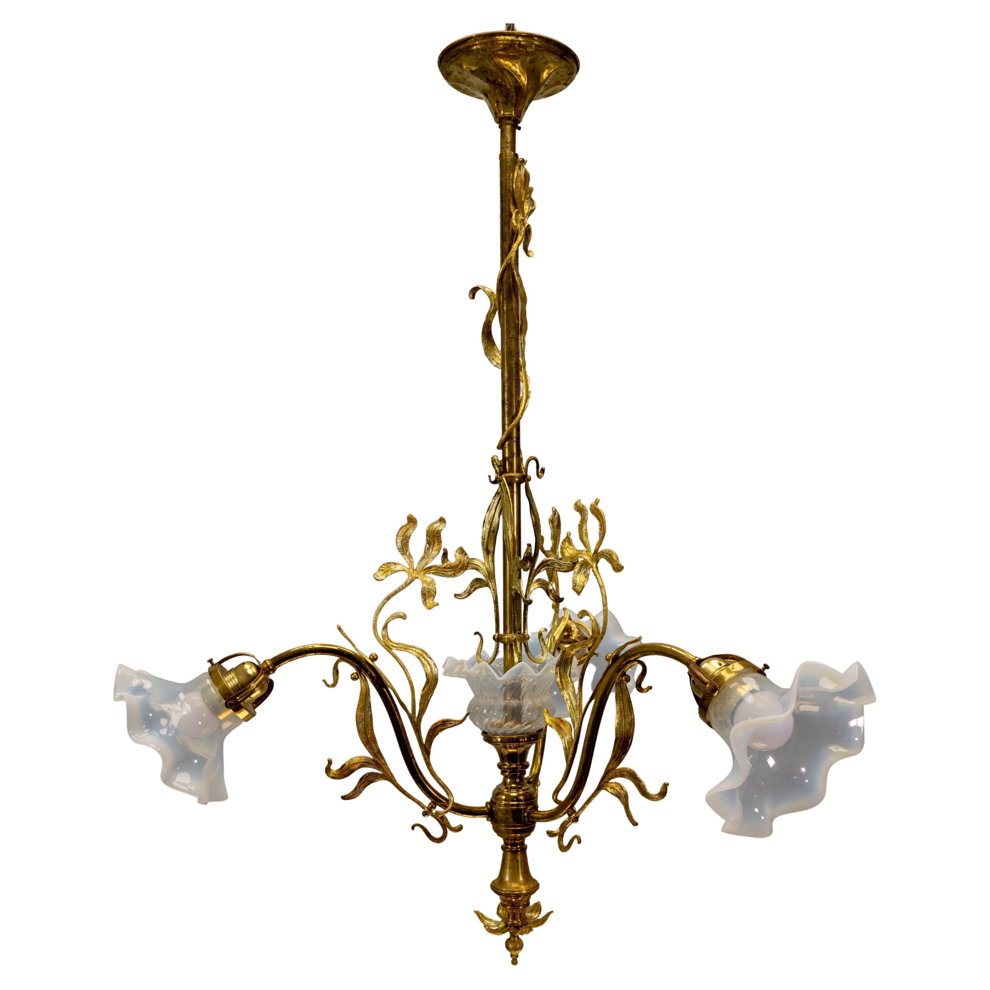 French Art Nouveau Opalescent Glass 
Bronze Floral Chandelier, circa 1920