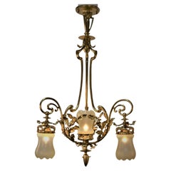 French Art Nouveau opaline Glass and Bronze Chandelier.