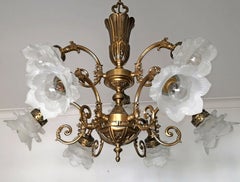 French Art Nouveau or Art Deco Art Glass Flower & Gilt Brass 9-Light Chandelier