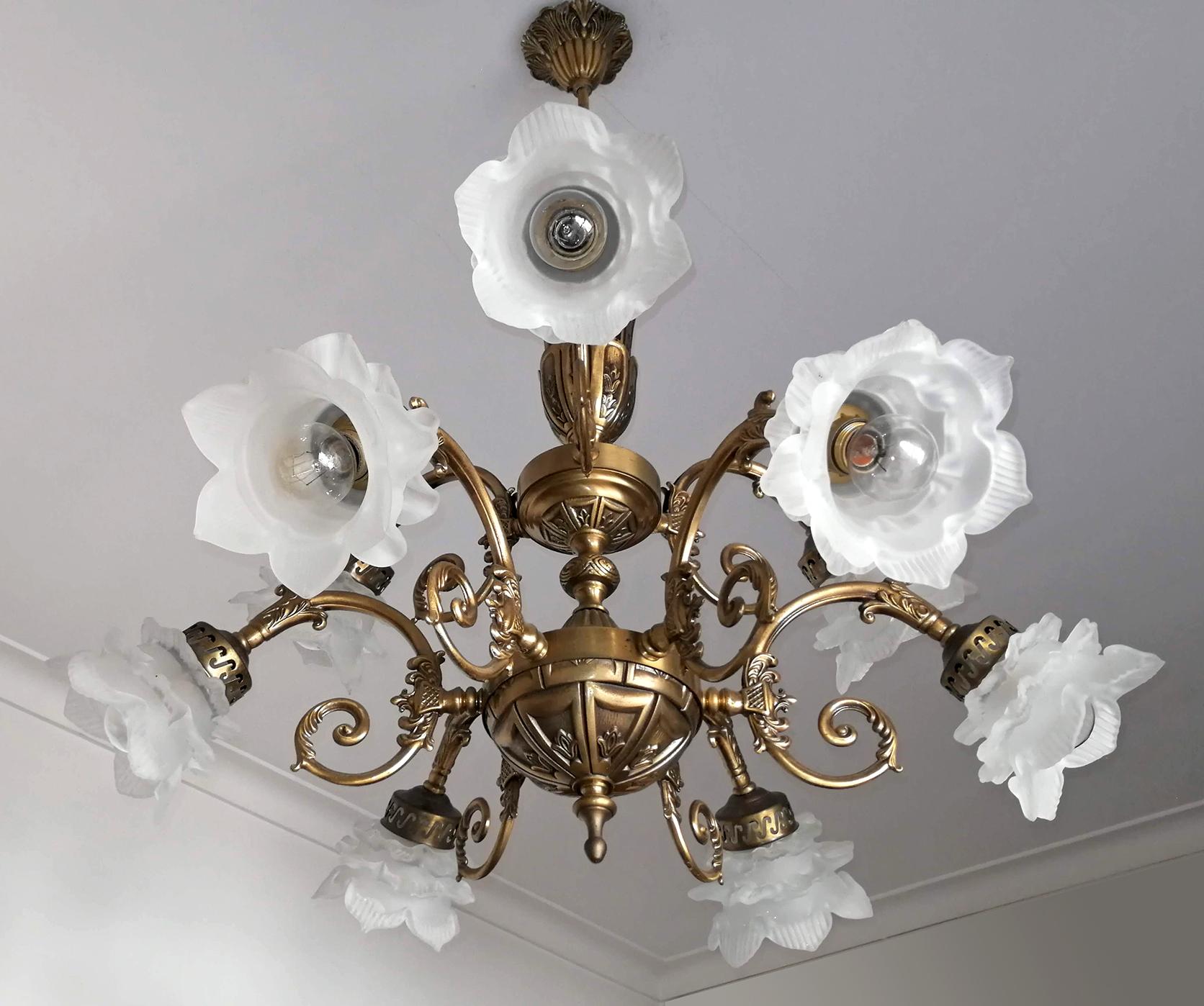 Frosted French Art Nouveau or Art Deco Art Glass Flower & Gilt Brass 9-Light Chandelier For Sale