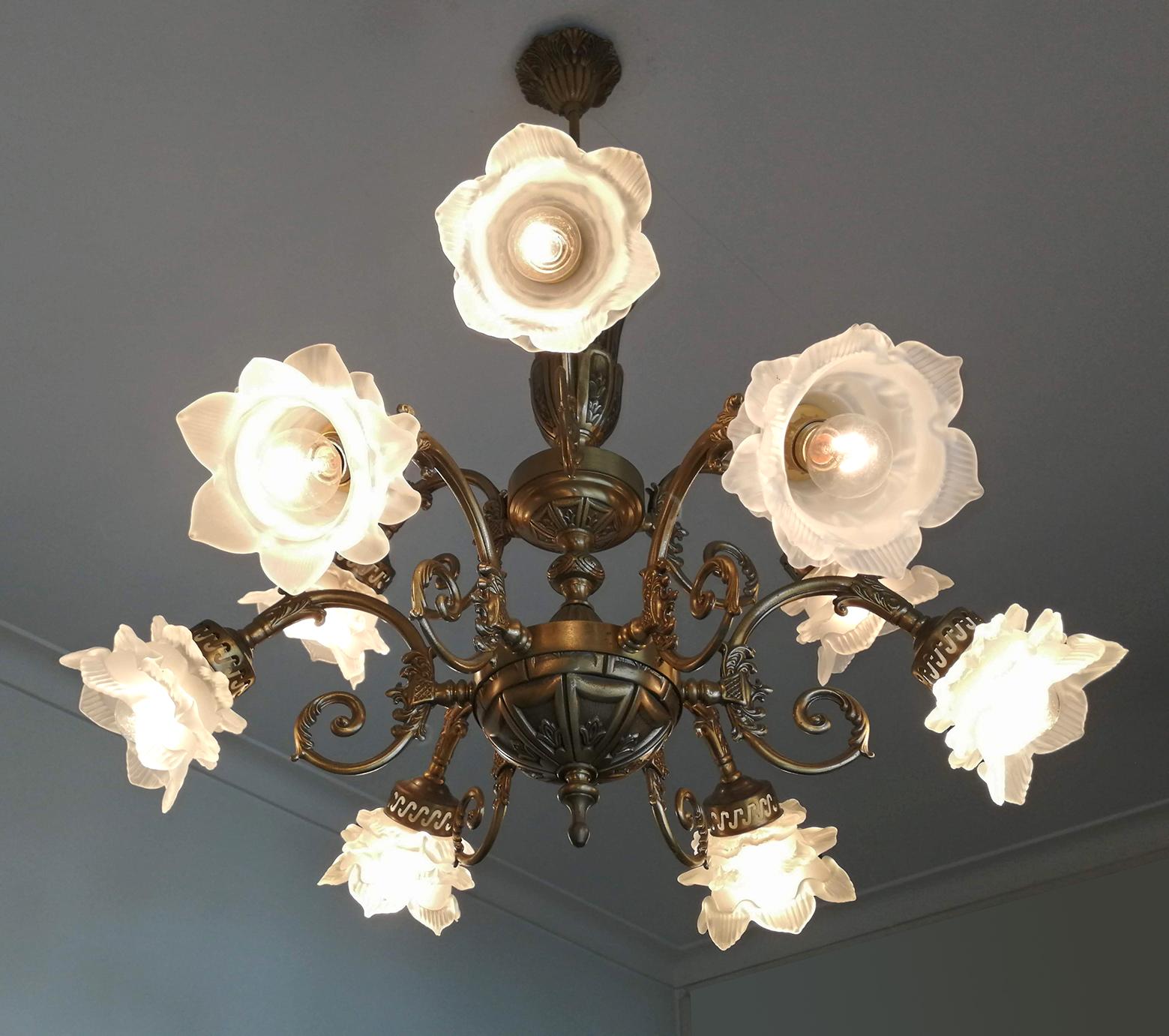 Frosted French Art Nouveau or Art Deco Art Glass Flower & Gilt Brass 9-Light Chandelier For Sale