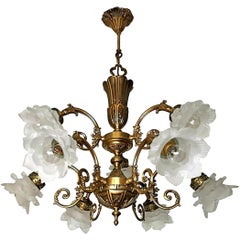 Vintage French Art Nouveau or Art Deco Art Glass Flower & Gilt Brass 9-Light Chandelier