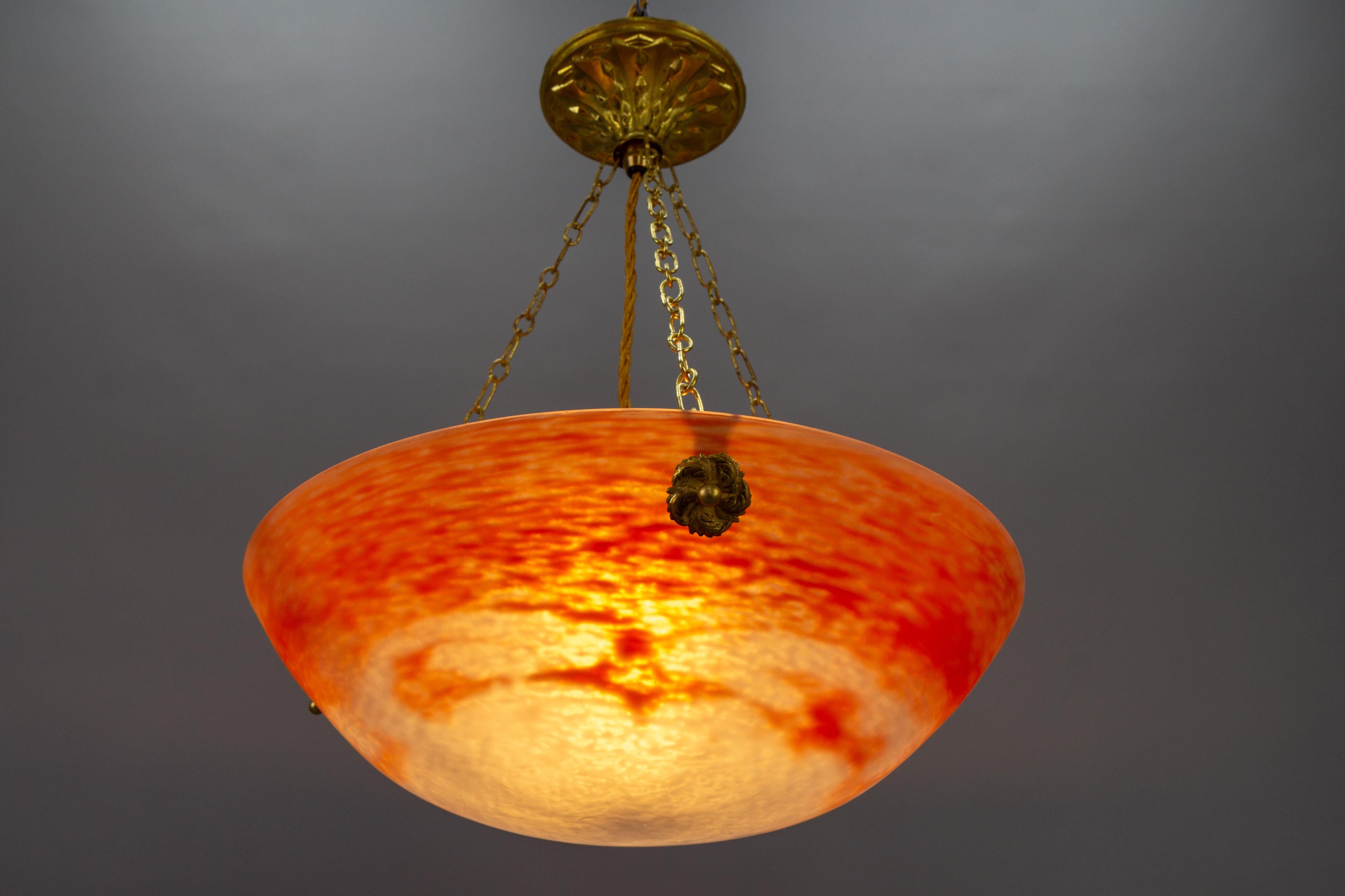 French Art Nouveau Orange and White Glass Pendant Light Signed Noverdy, 1920s For Sale 4