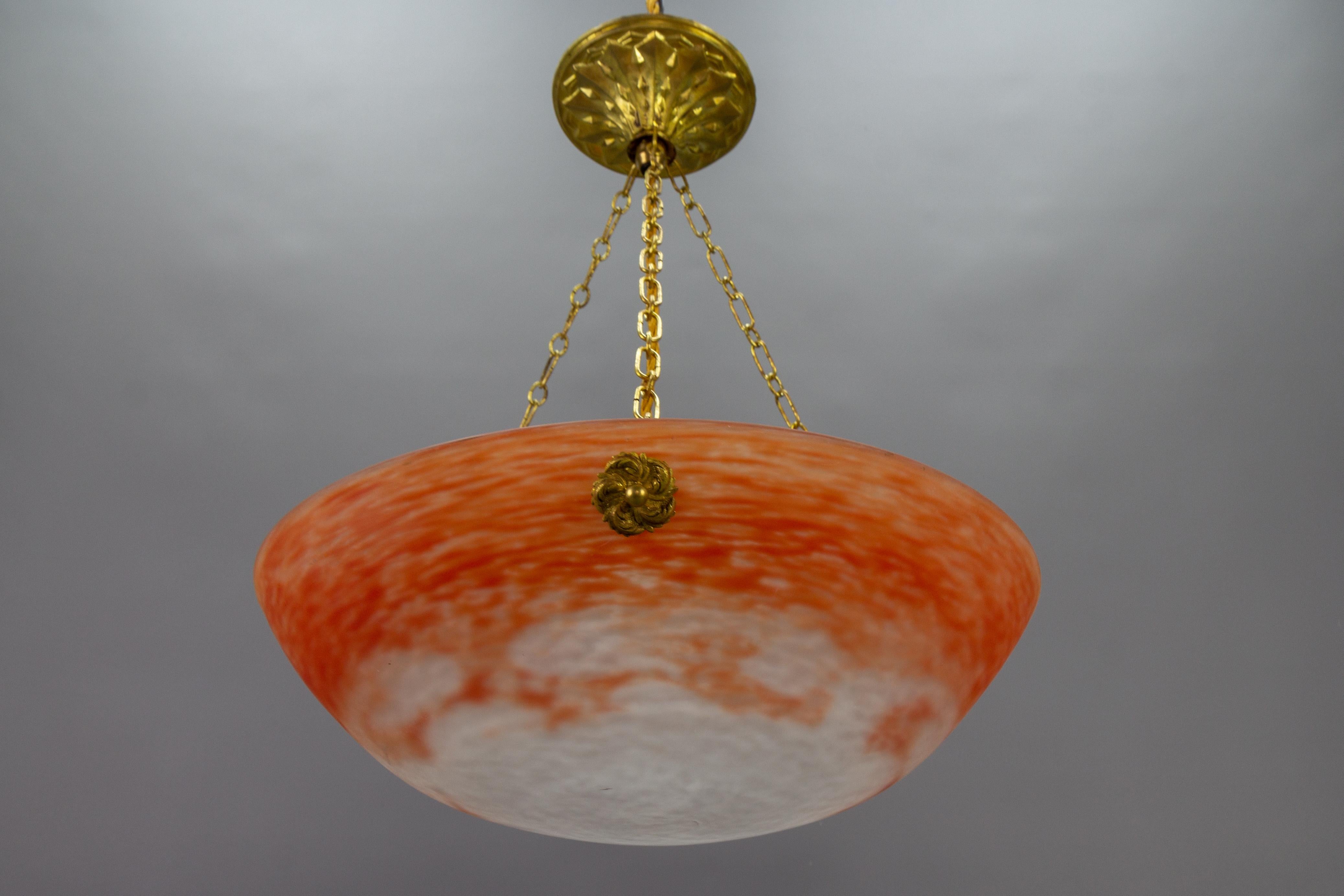 French Art Nouveau Orange and White Glass Pendant Light Signed Noverdy, 1920s For Sale 6