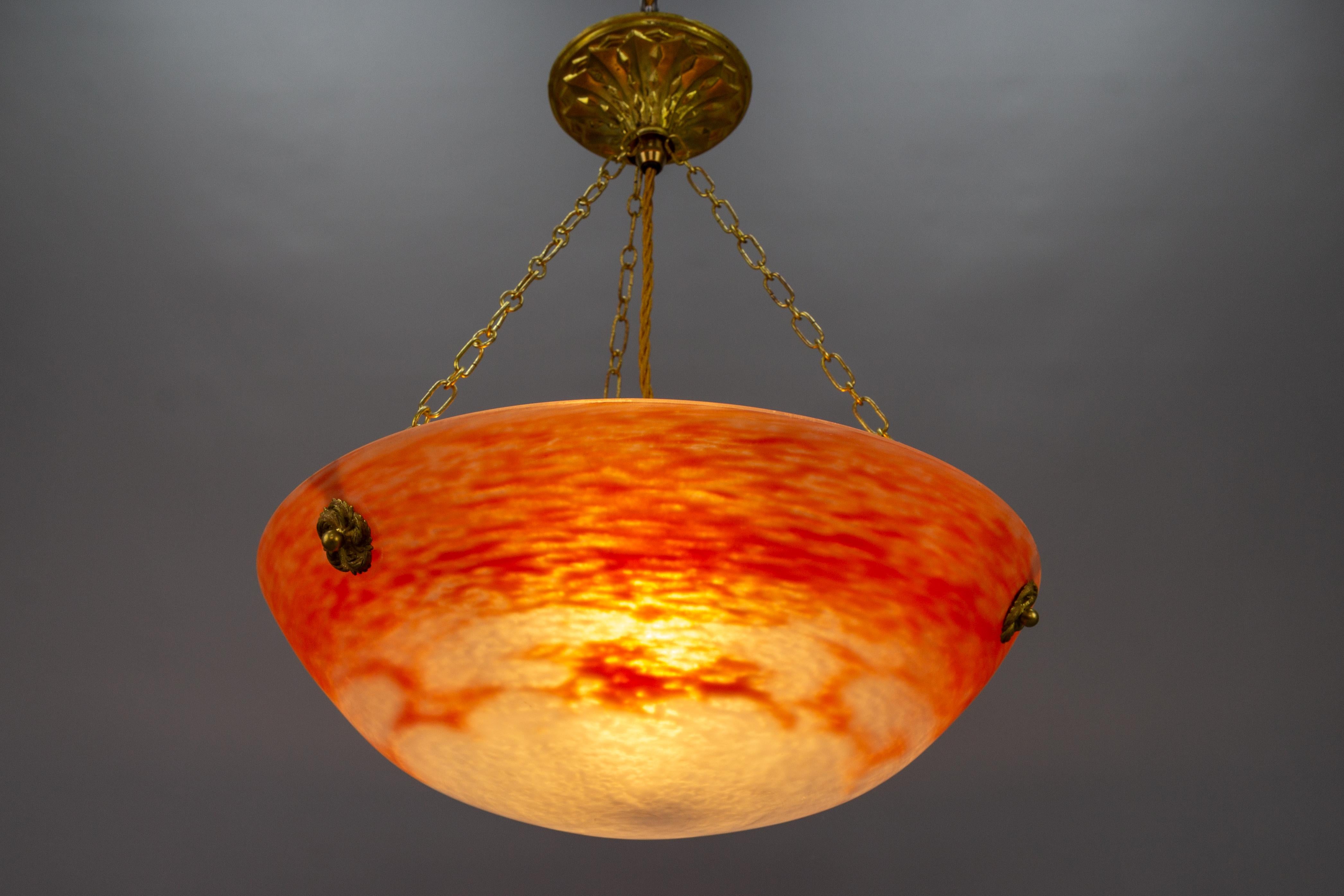 French Art Nouveau Orange and White Glass Pendant Light Signed Noverdy, 1920s For Sale 7