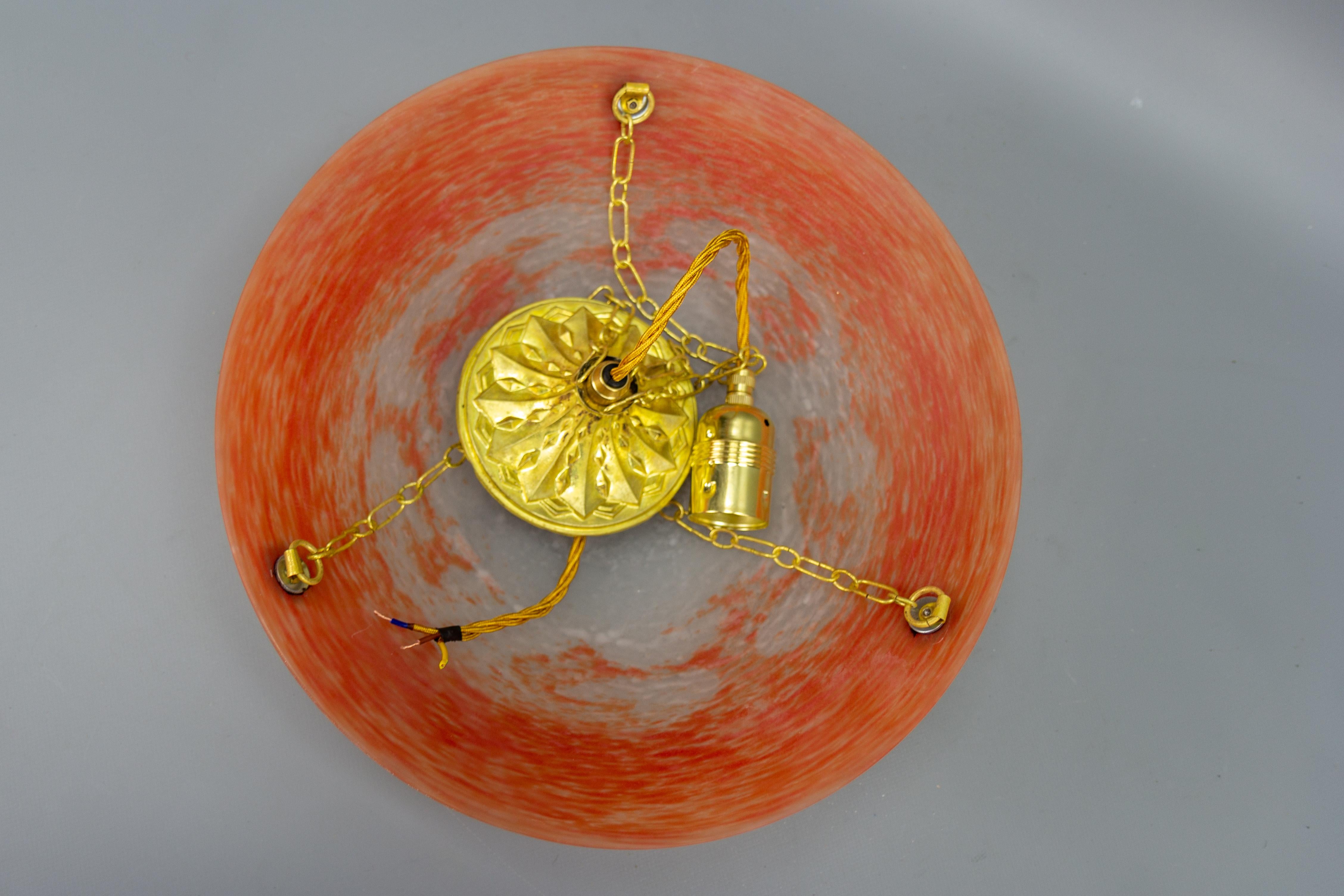 French Art Nouveau Orange and White Glass Pendant Light Signed Noverdy, 1920s For Sale 9