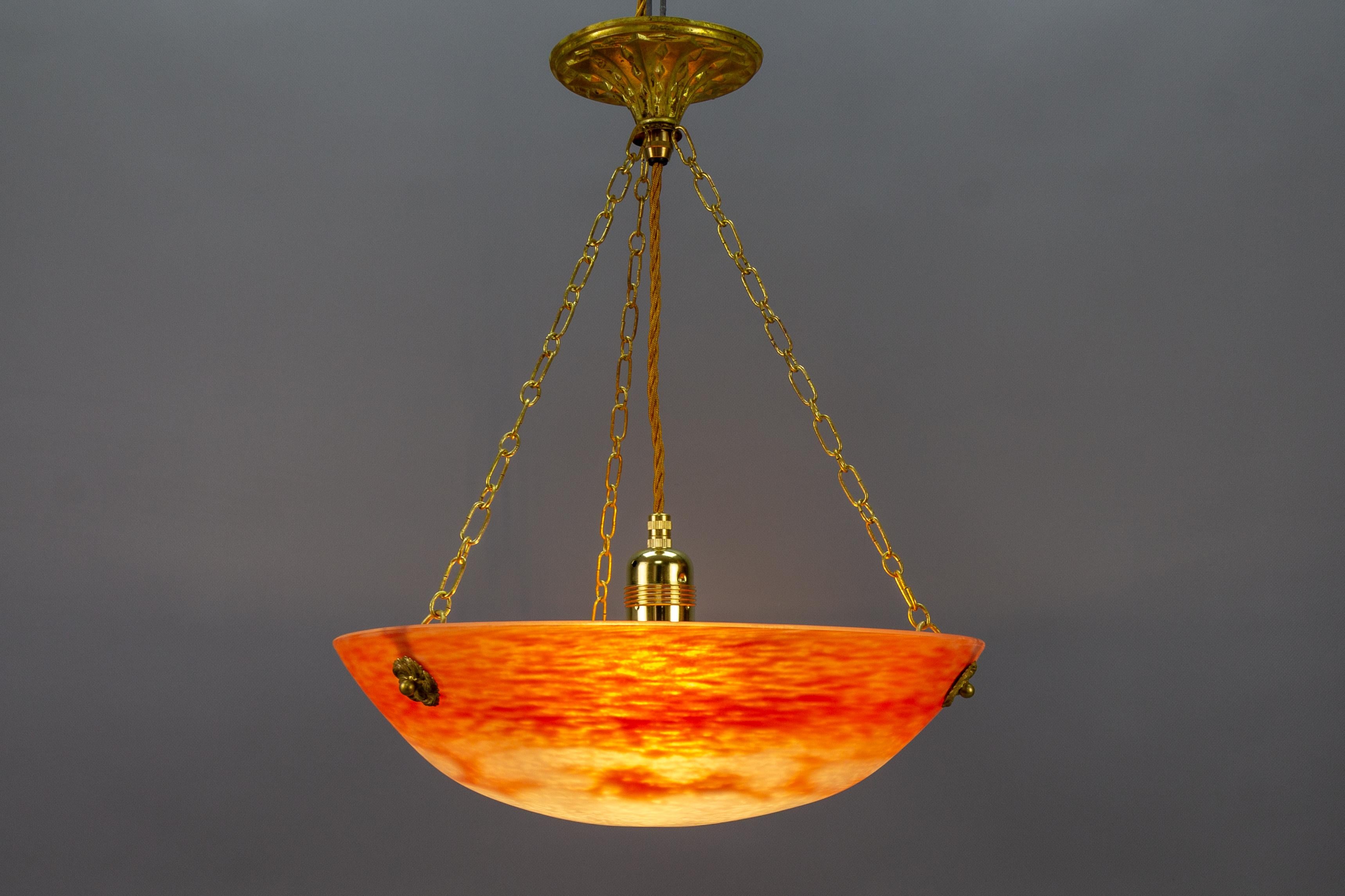 French Art Nouveau Orange and White Glass Pendant Light Signed Noverdy, 1920s For Sale 11