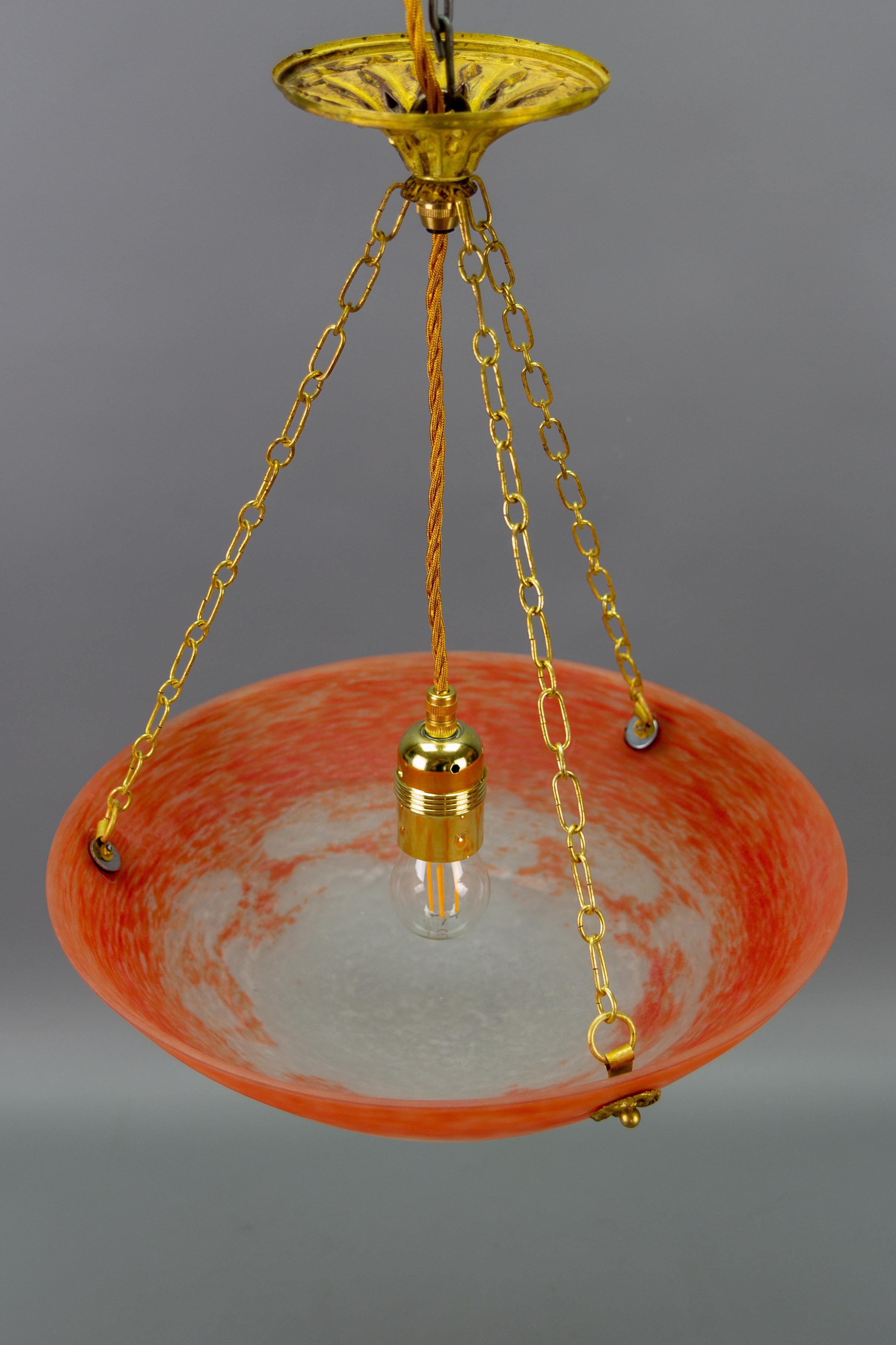French Art Nouveau Orange and White Glass Pendant Light Signed Noverdy, 1920s For Sale 14