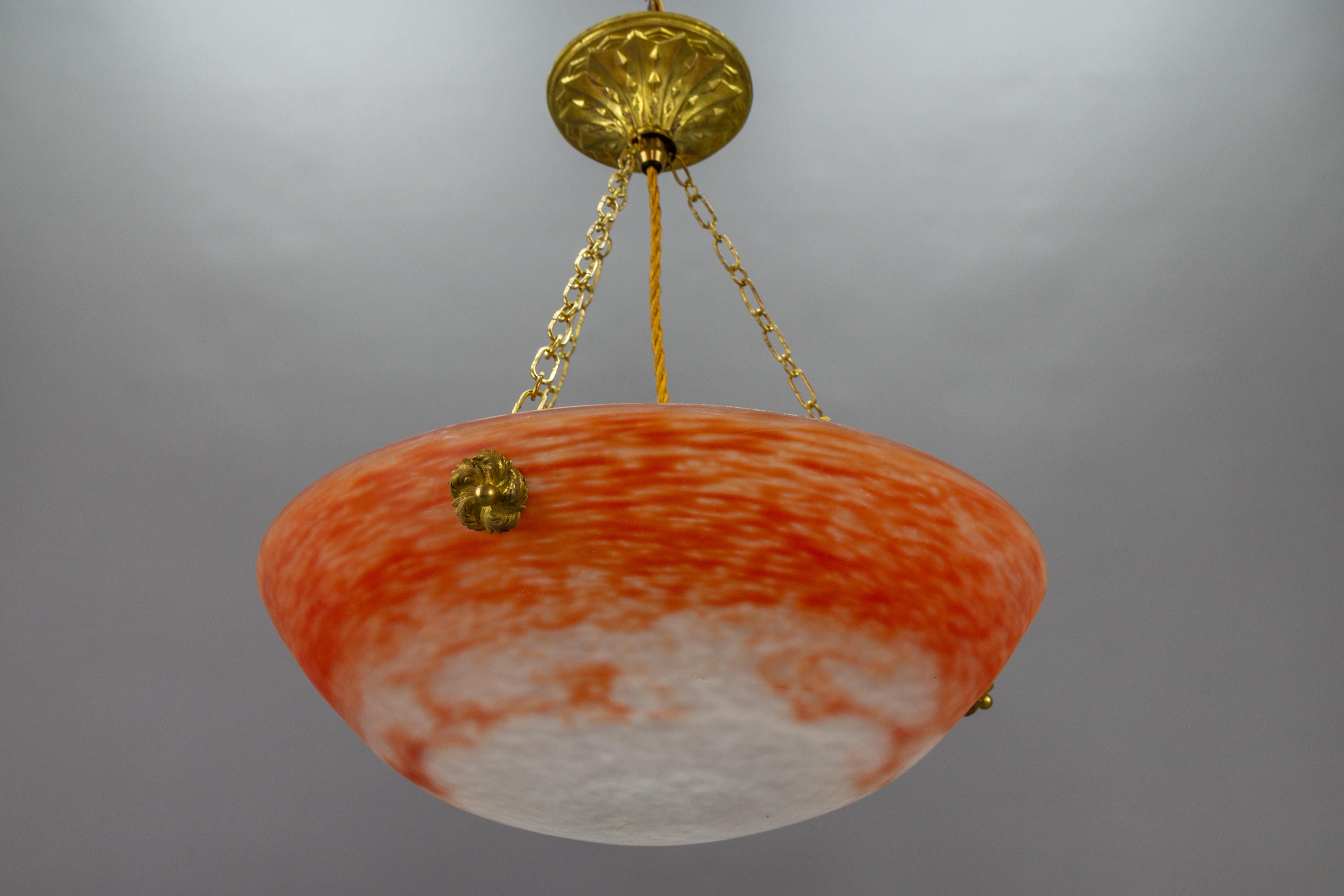Early 20th Century French Art Nouveau Orange and White Glass Pendant Light Signed Noverdy, 1920s For Sale