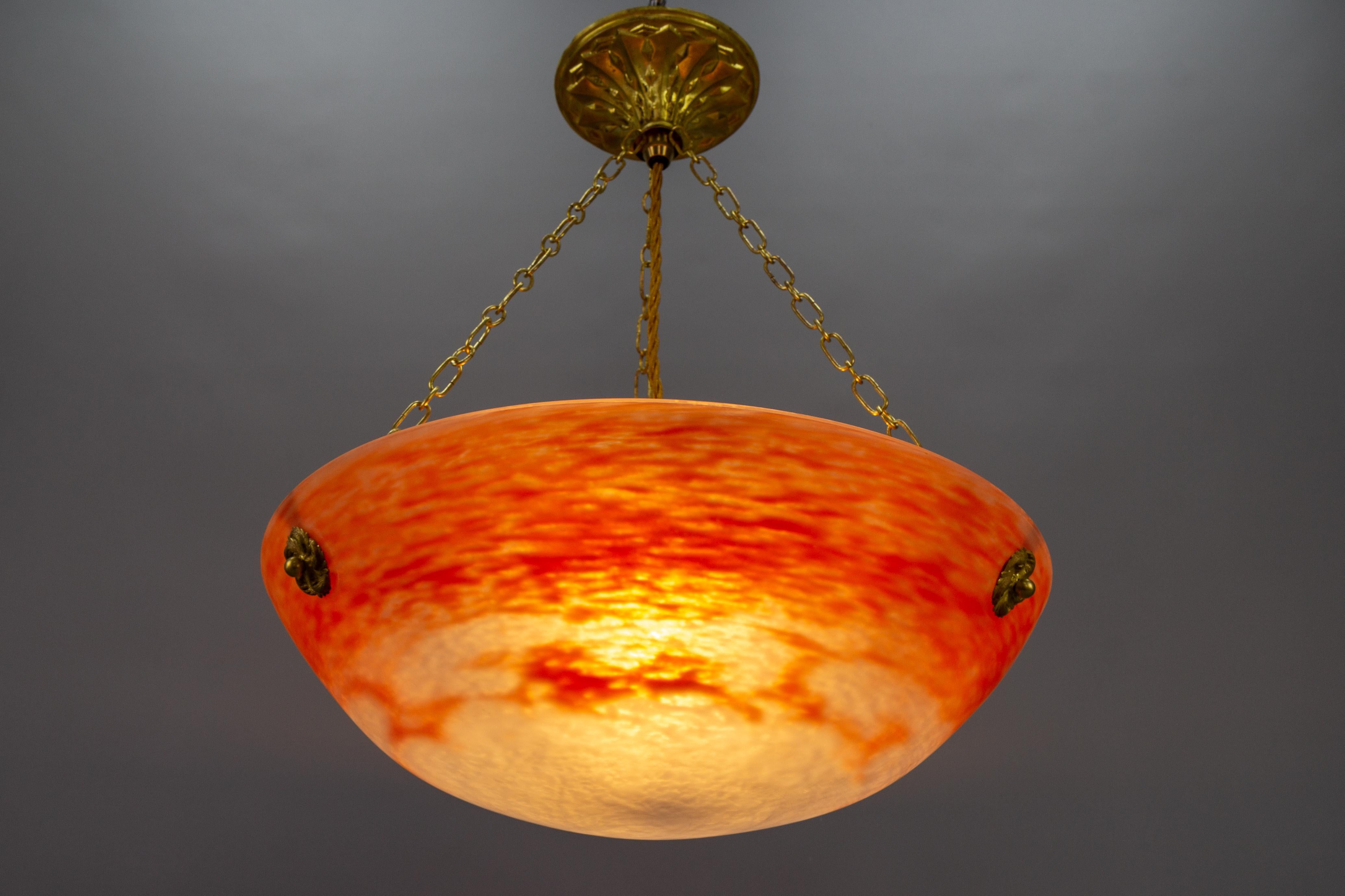 Metal French Art Nouveau Orange and White Glass Pendant Light Signed Noverdy, 1920s For Sale