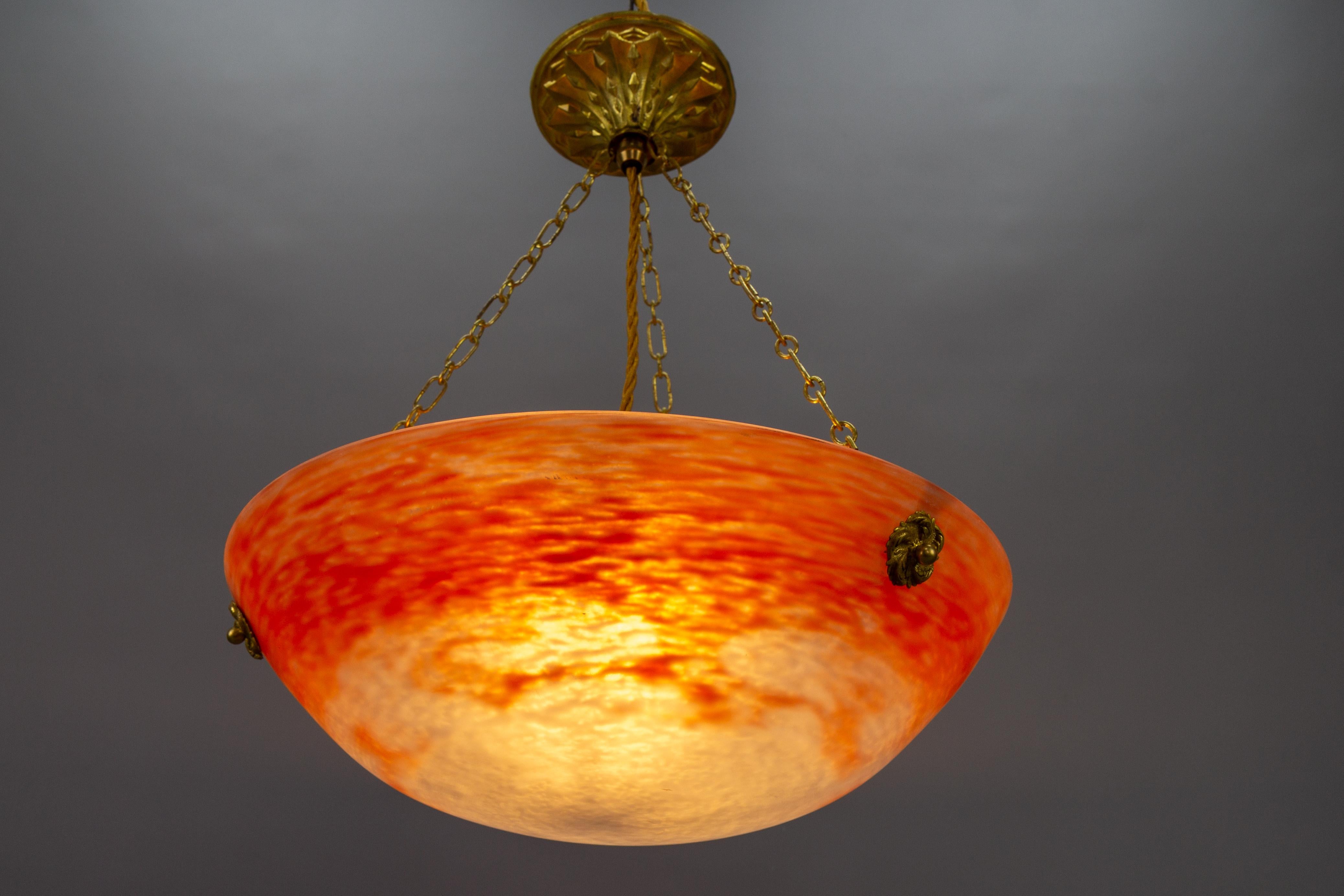 French Art Nouveau Orange and White Glass Pendant Light Signed Noverdy, 1920s For Sale 1