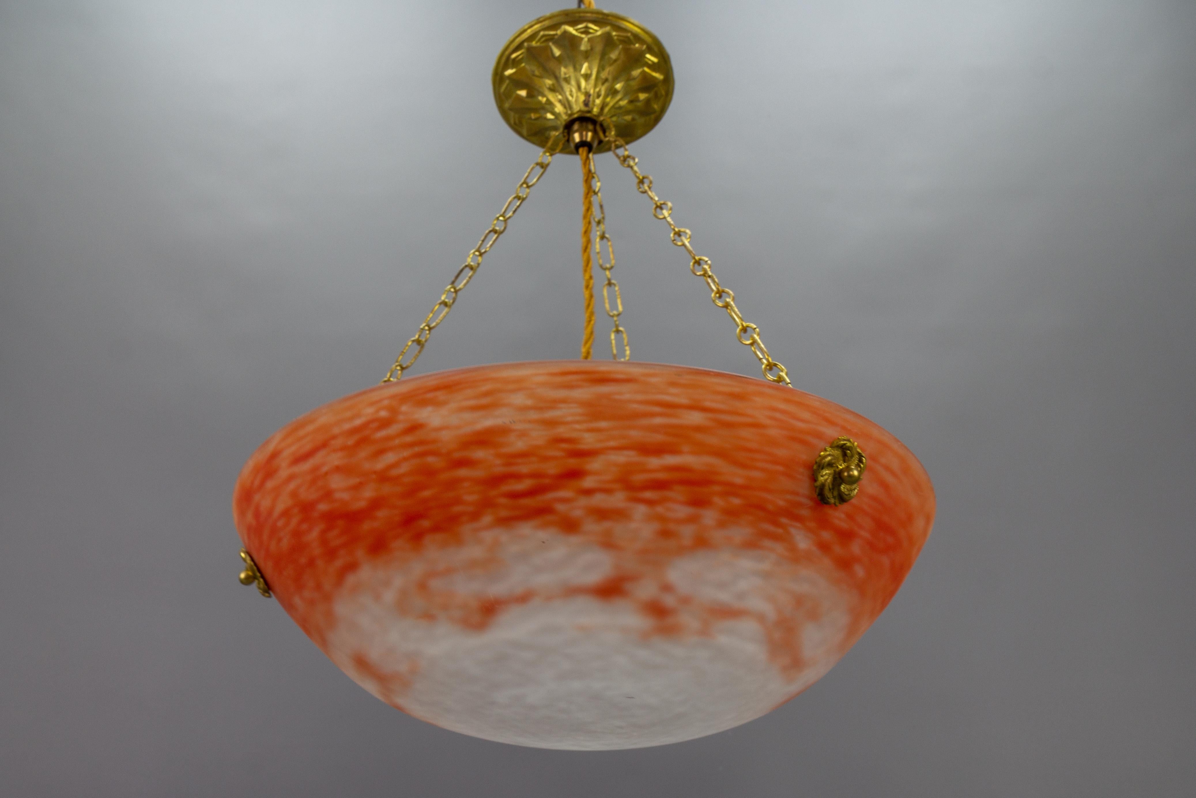 French Art Nouveau Orange and White Glass Pendant Light Signed Noverdy, 1920s For Sale 2