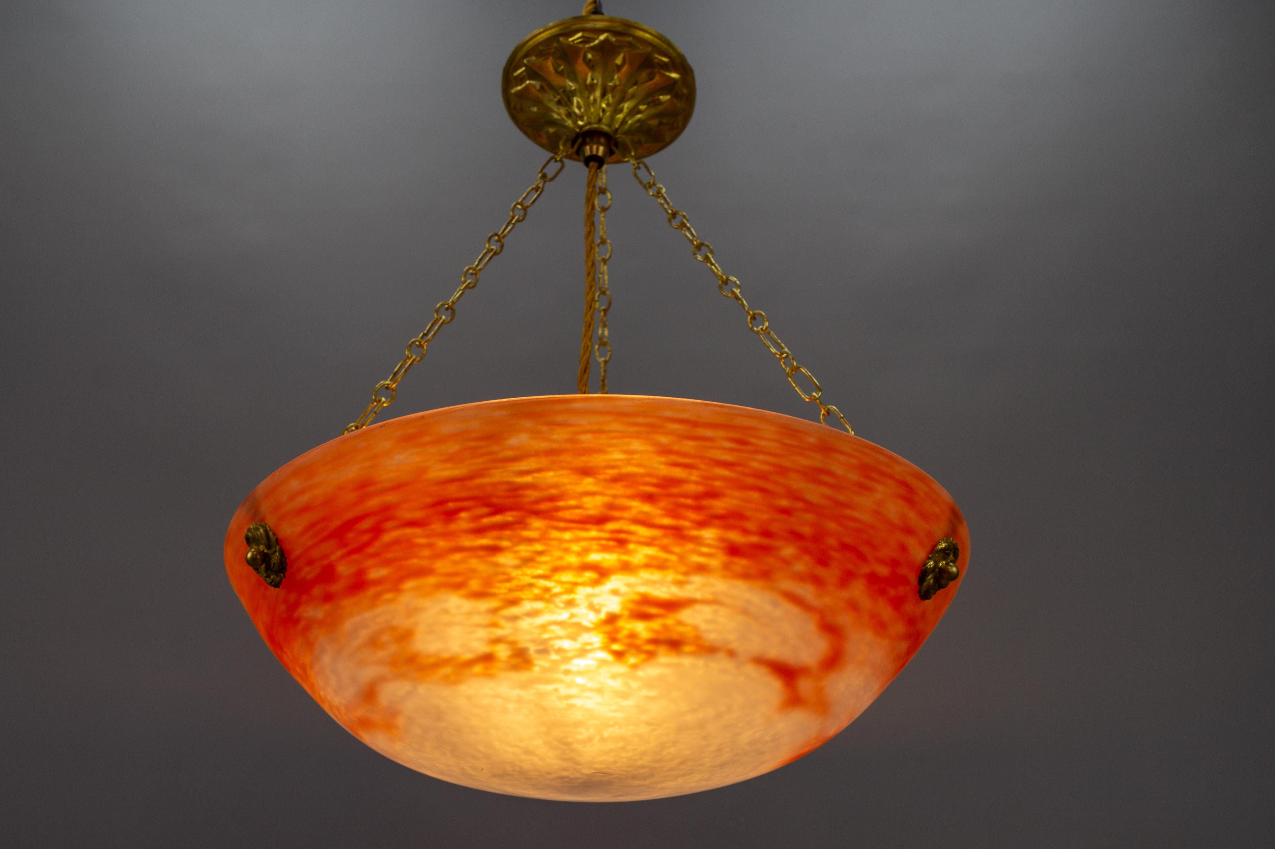 French Art Nouveau Orange and White Glass Pendant Light Signed Noverdy, 1920s For Sale 3