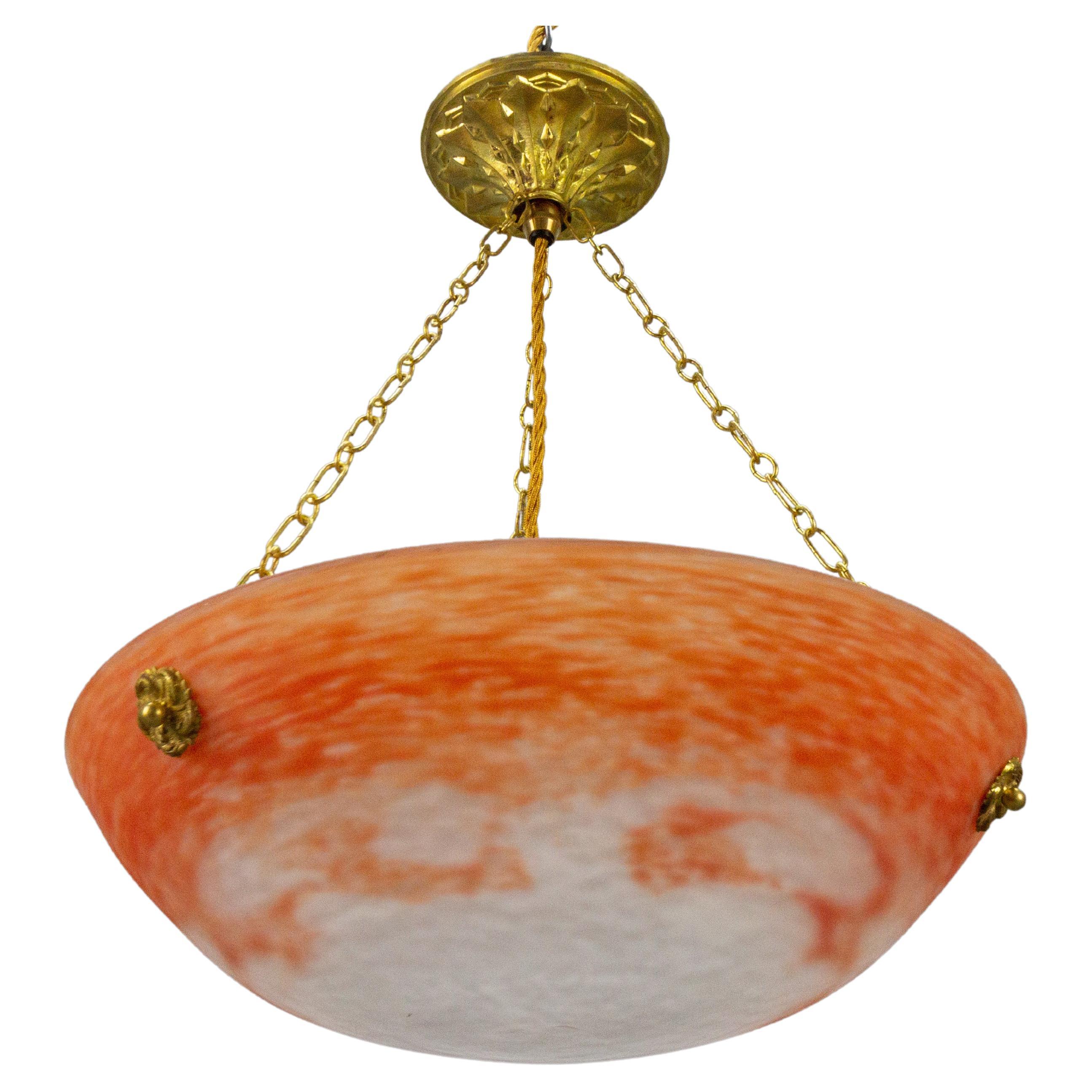 French Art Nouveau Orange and White Glass Pendant Light Signed Noverdy, 1920s